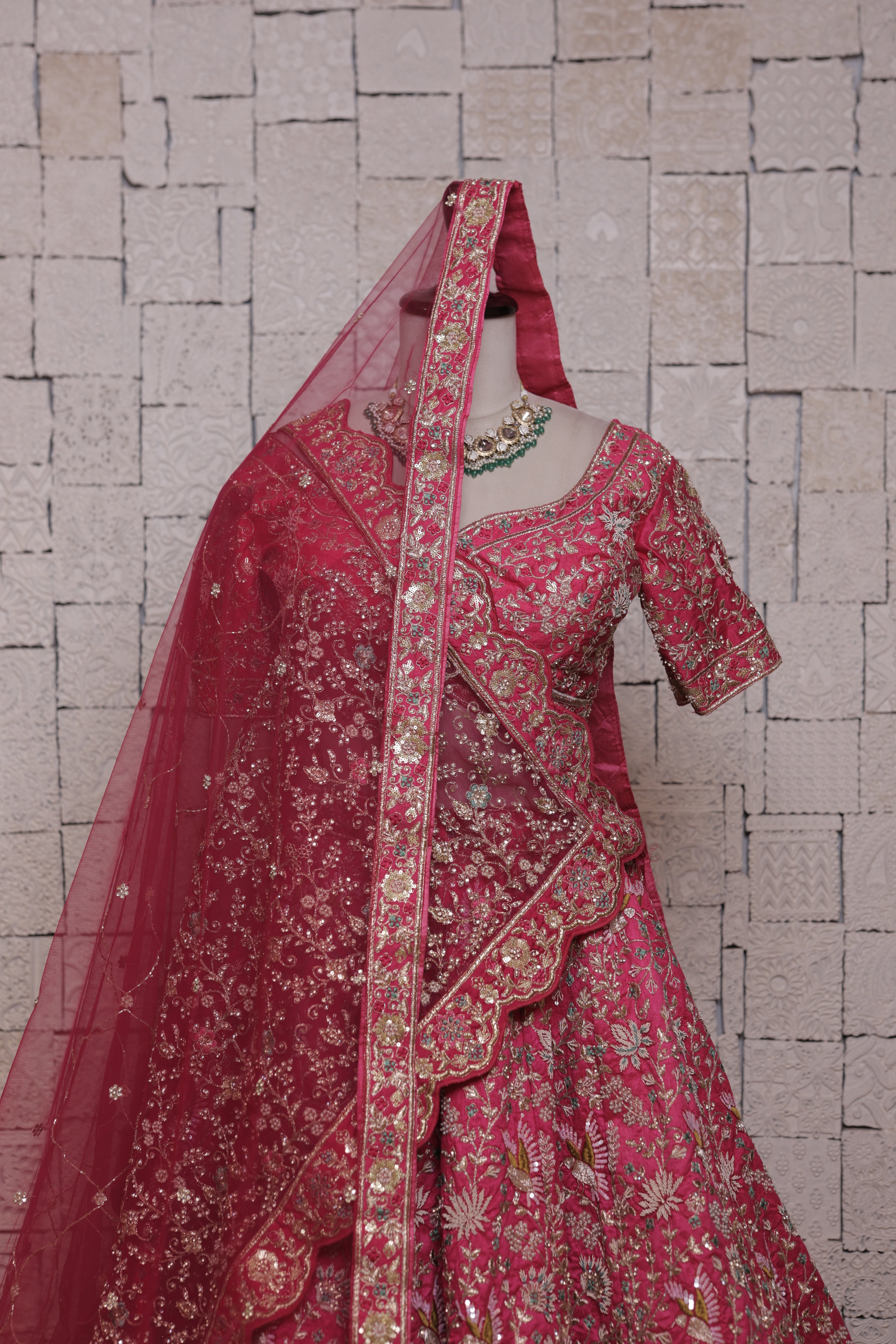 Rani bridal lehenga with flower & bird embroidery design