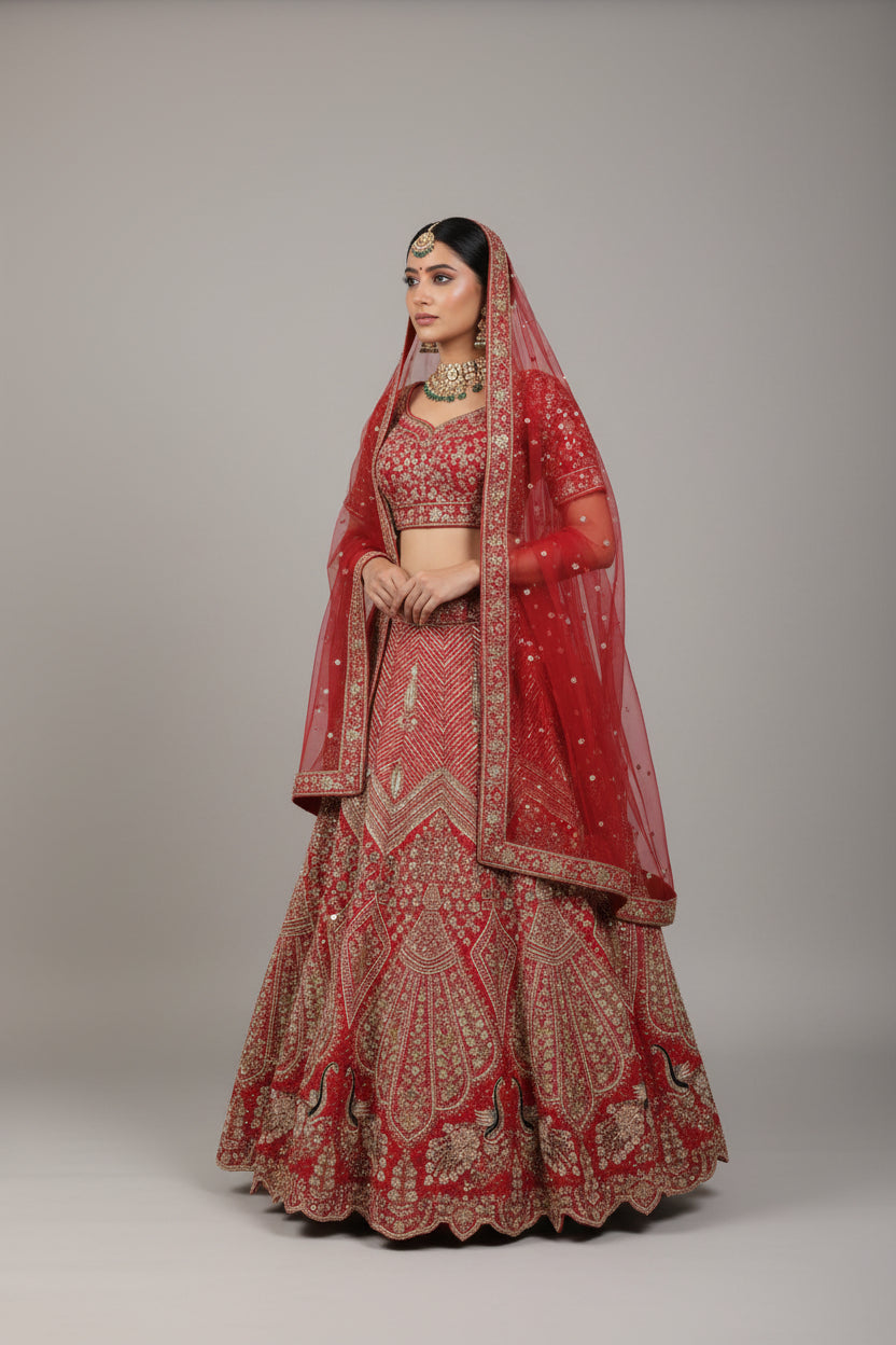Red bridal lehenga with Urn & peacock embroidery design