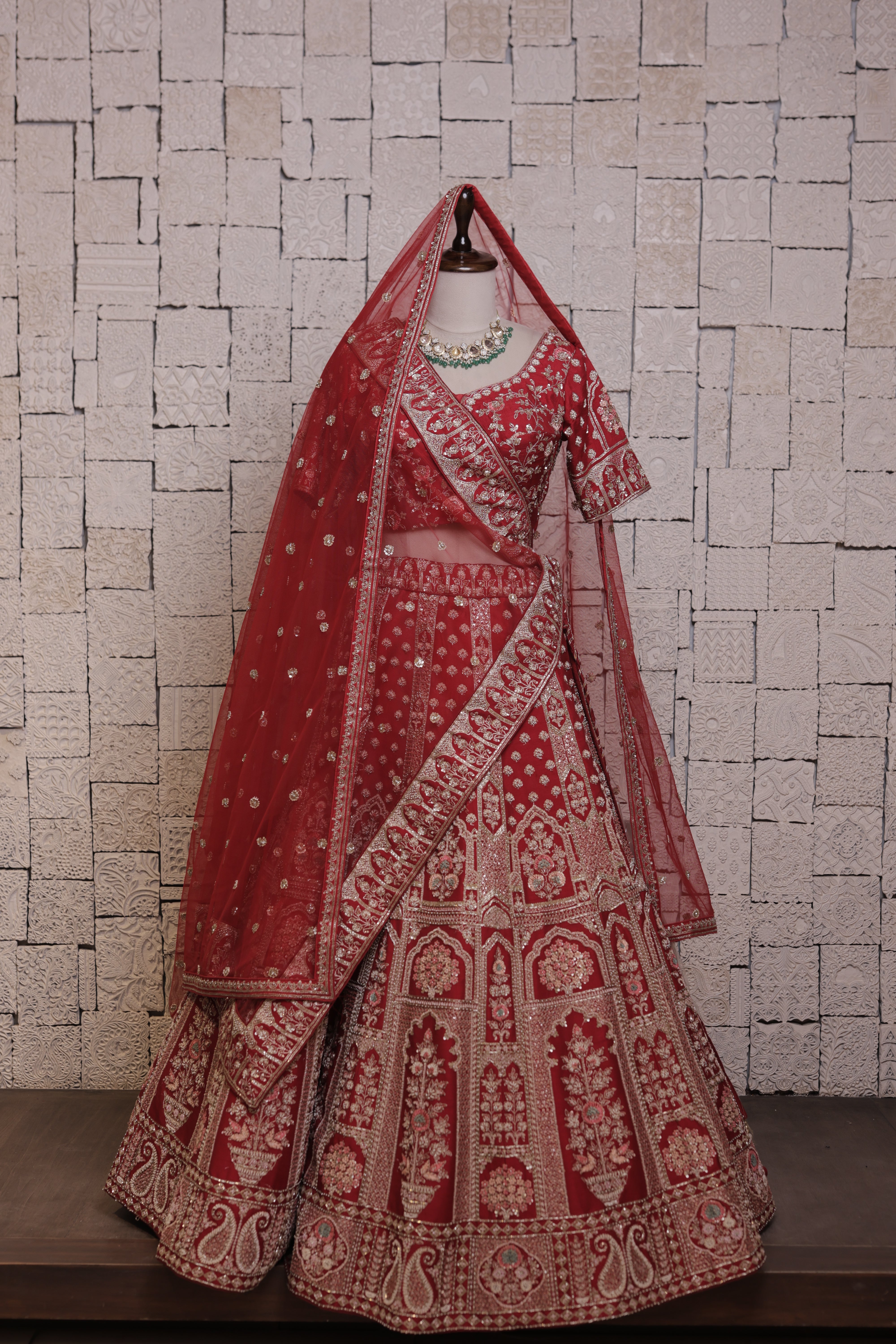 Red Cherry Bridal Lehenga with Flower Pot Embroidery