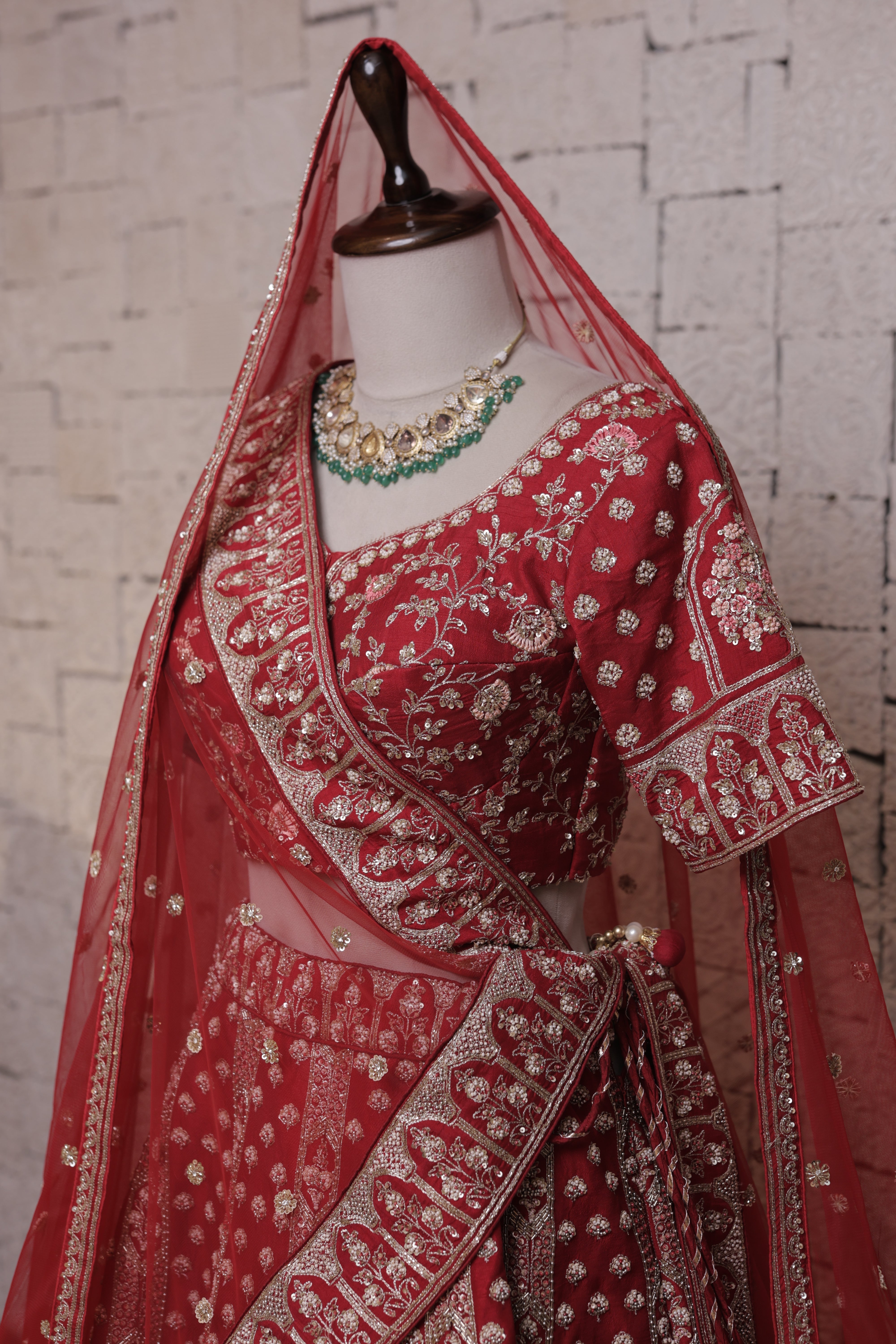 Red Cherry Bridal Lehenga with Flower Pot Embroidery