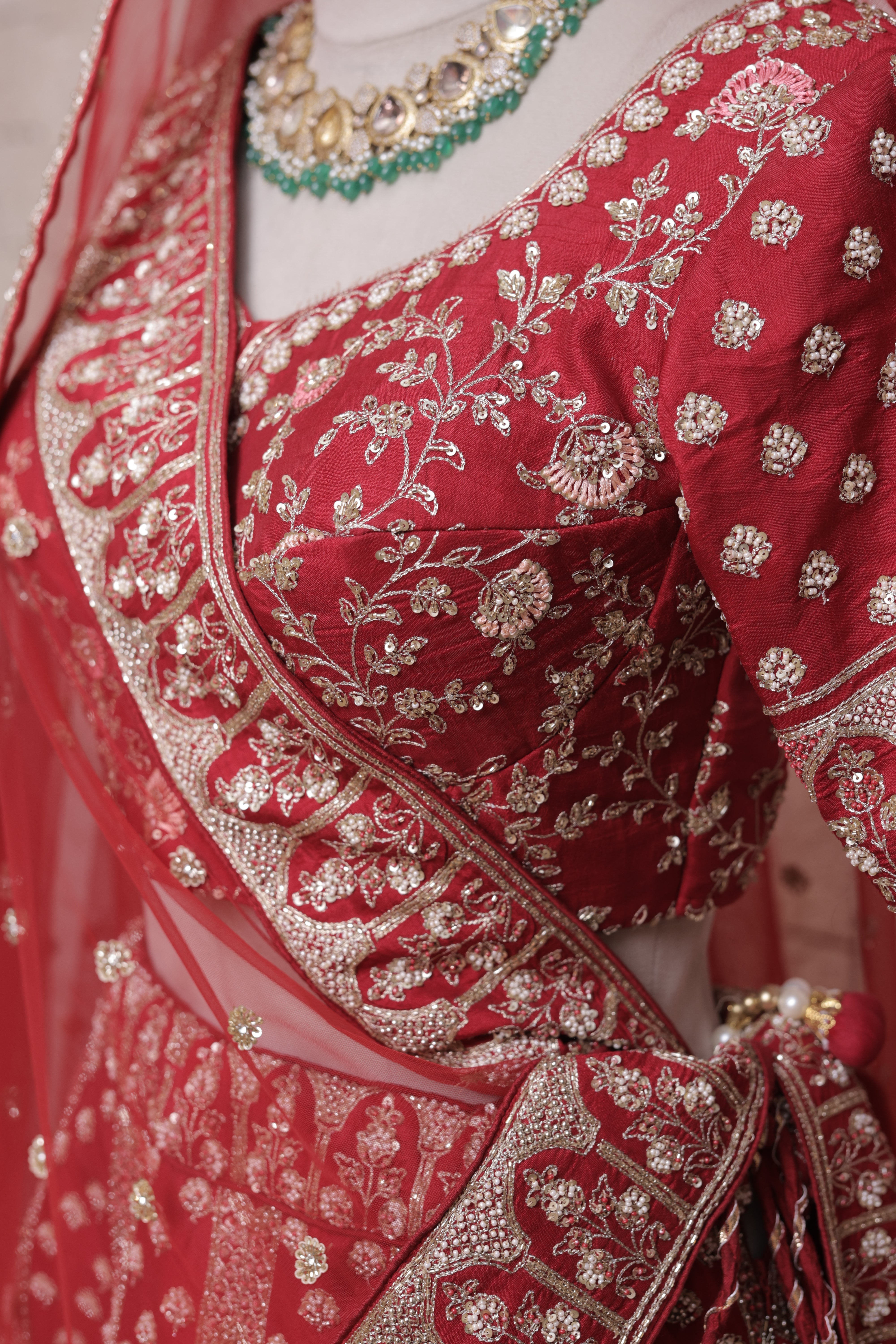 Red Cherry Bridal Lehenga with Flower Pot Embroidery