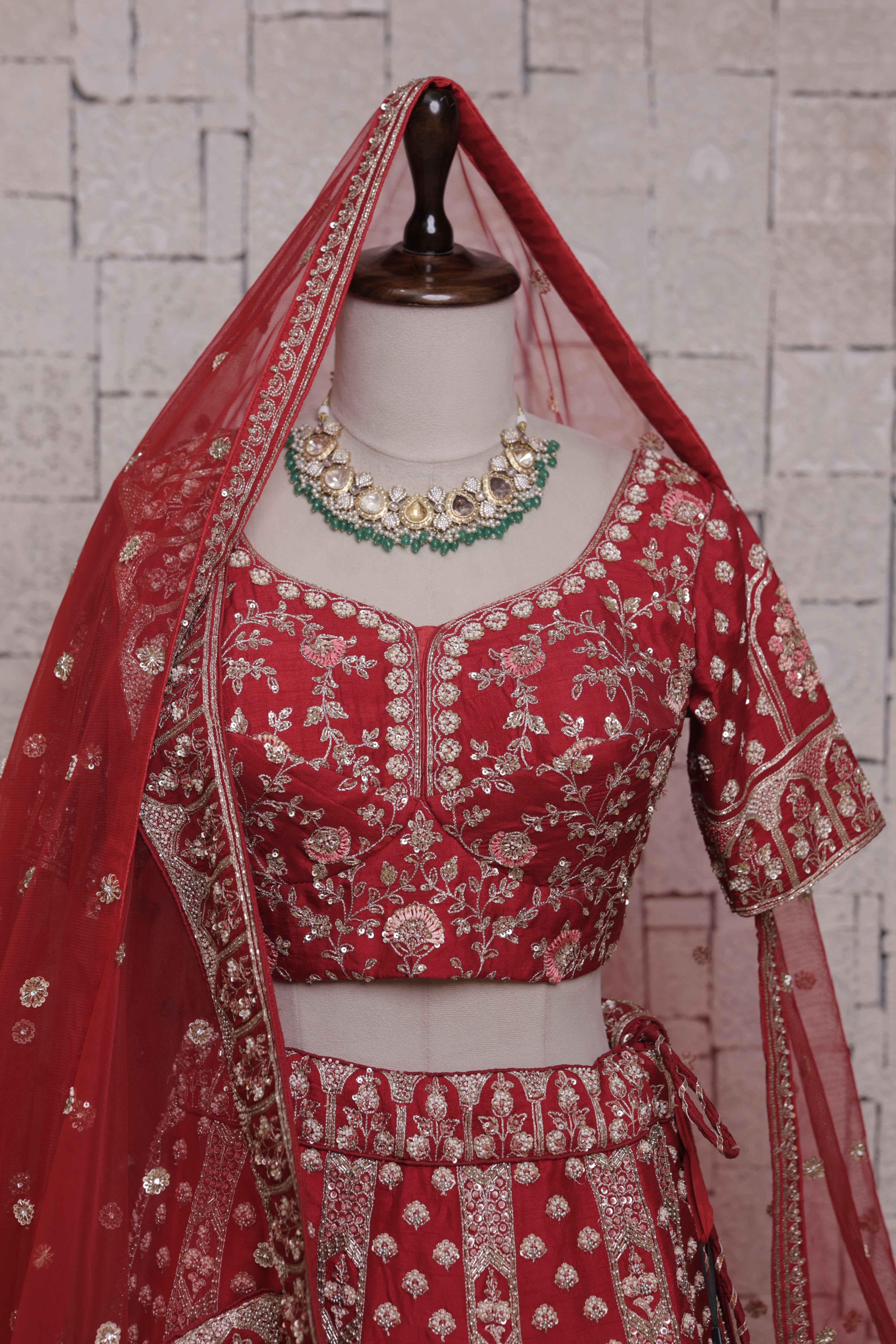 Red Bridal Lehenga with Tree & Mor Embroidery
