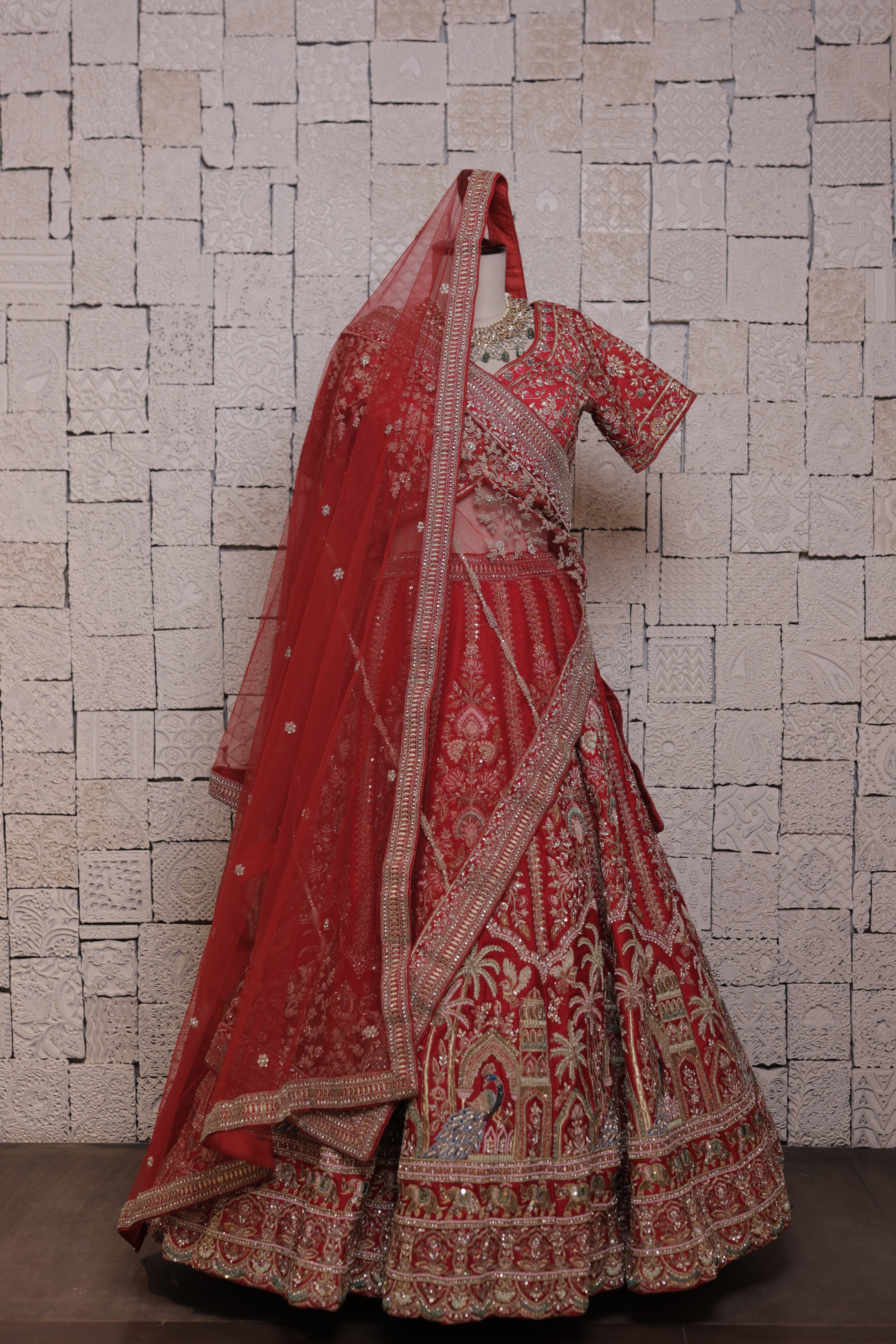 Red Bridal Lehenga with Tree & Mor Embroidery