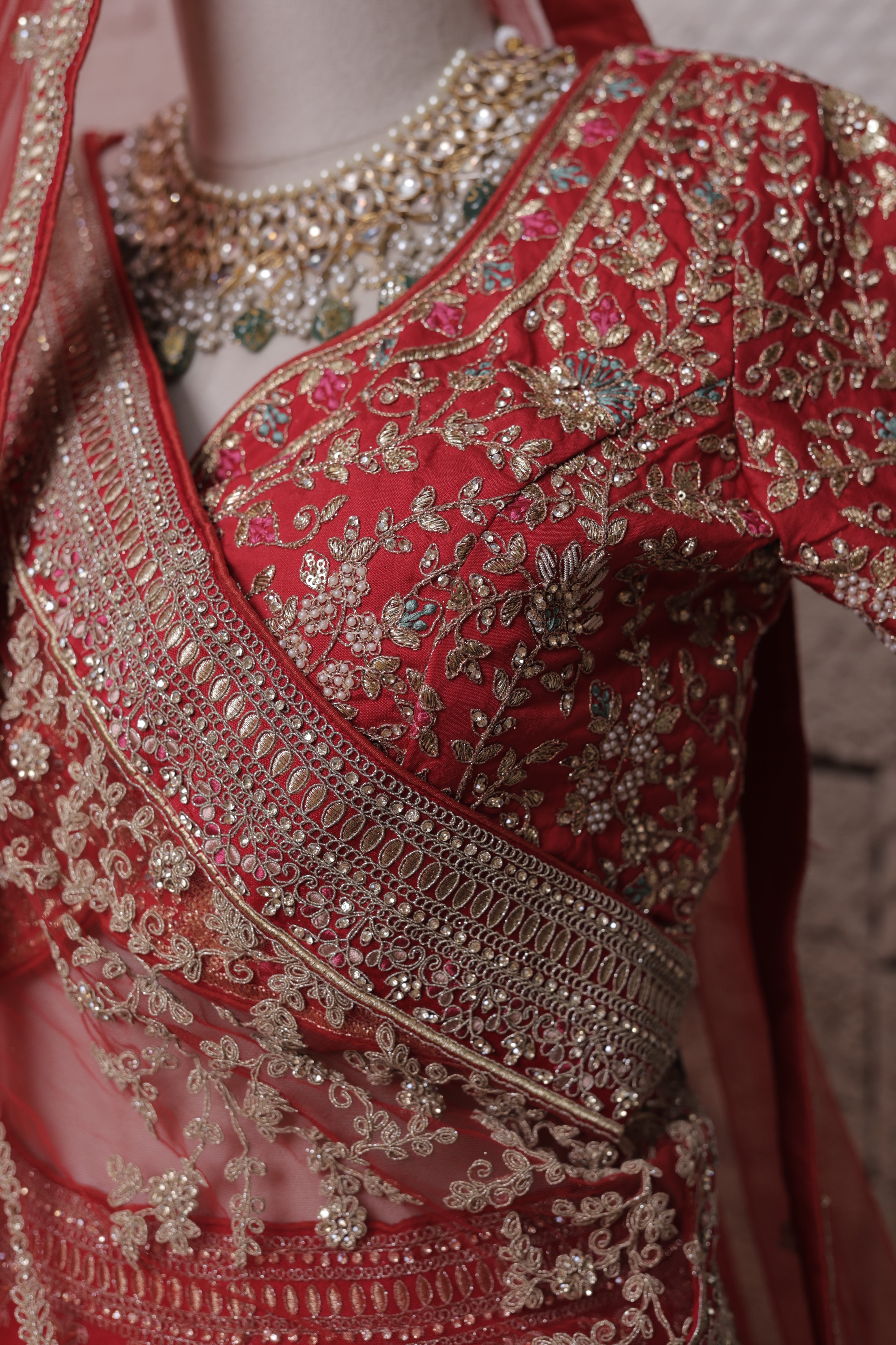 Red Bridal Lehenga with Tree & Mor Embroidery