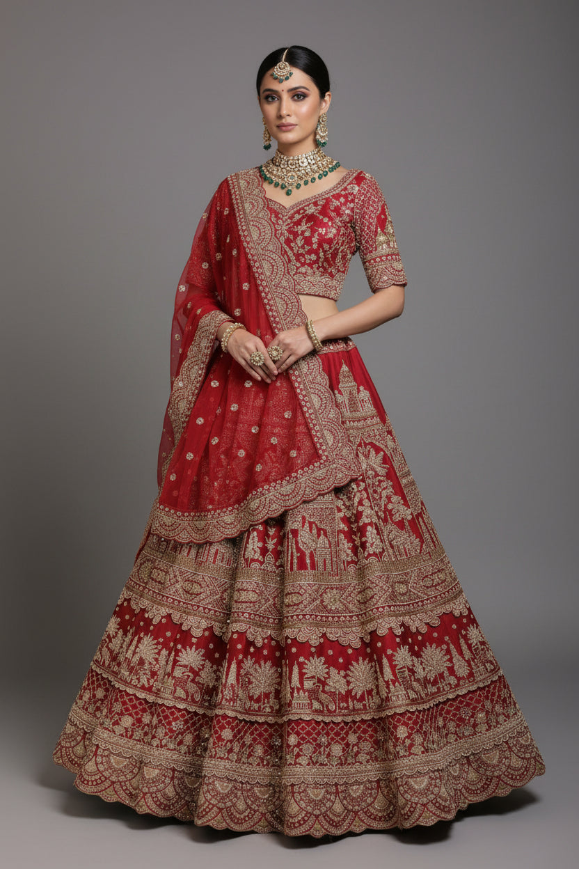 Red Multilayered Bridal Lehenga with Temple Embroidery