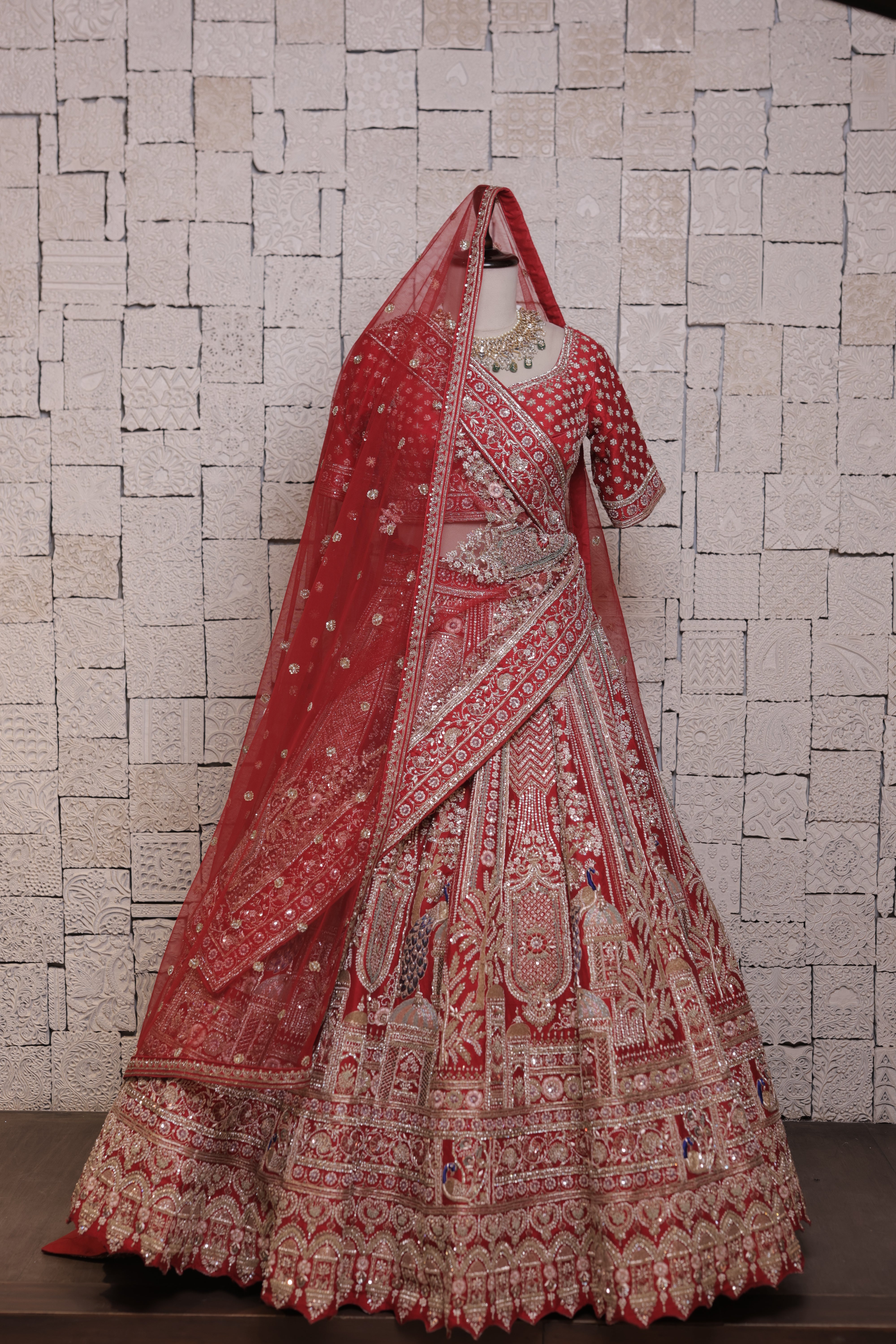 Royal Red Bridal Lehenga with Mughal Palace Motifs, Heavy Zari & Hand Embroidery