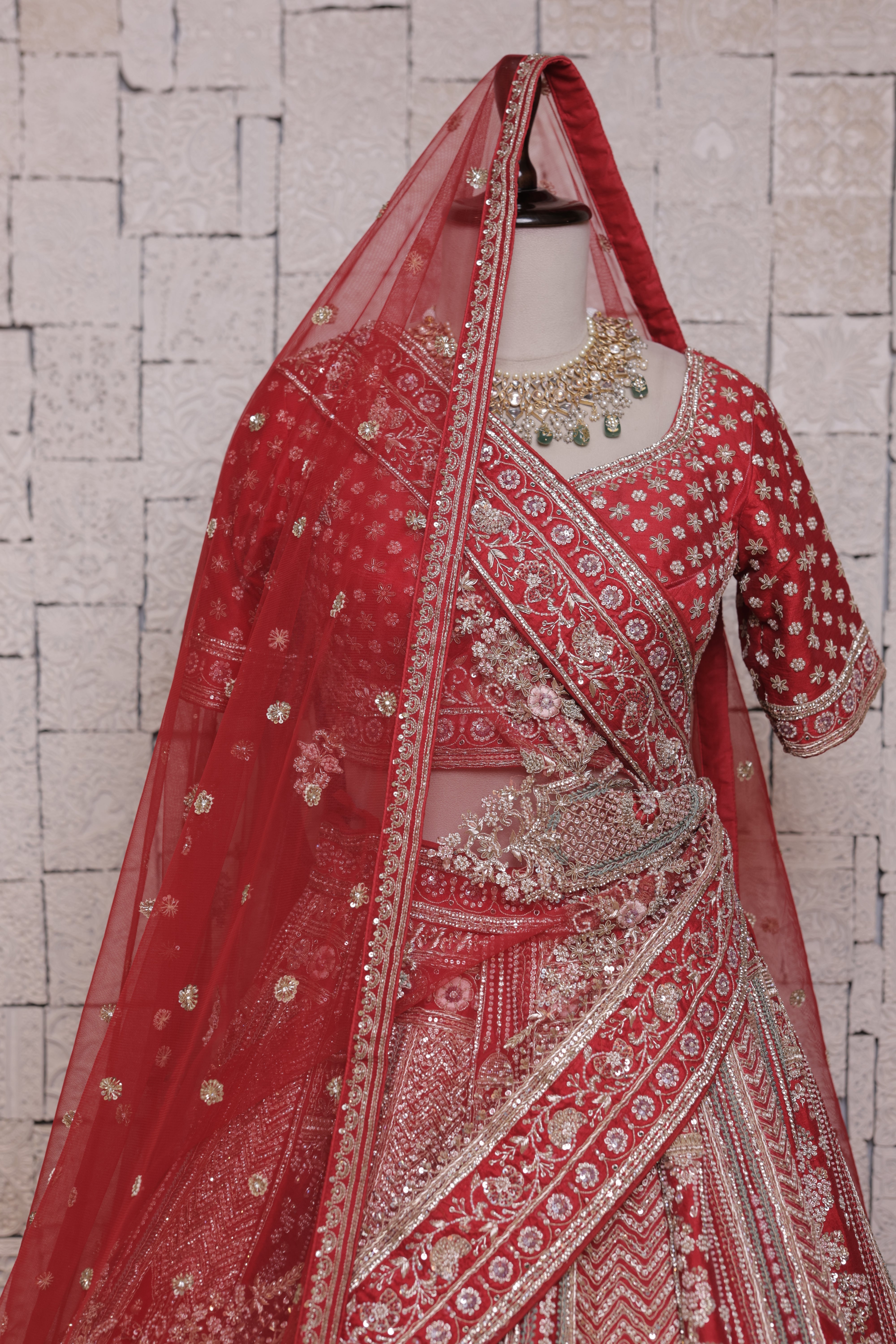 Royal Red Bridal Lehenga with Mughal Palace Motifs, Heavy Zari & Hand Embroidery
