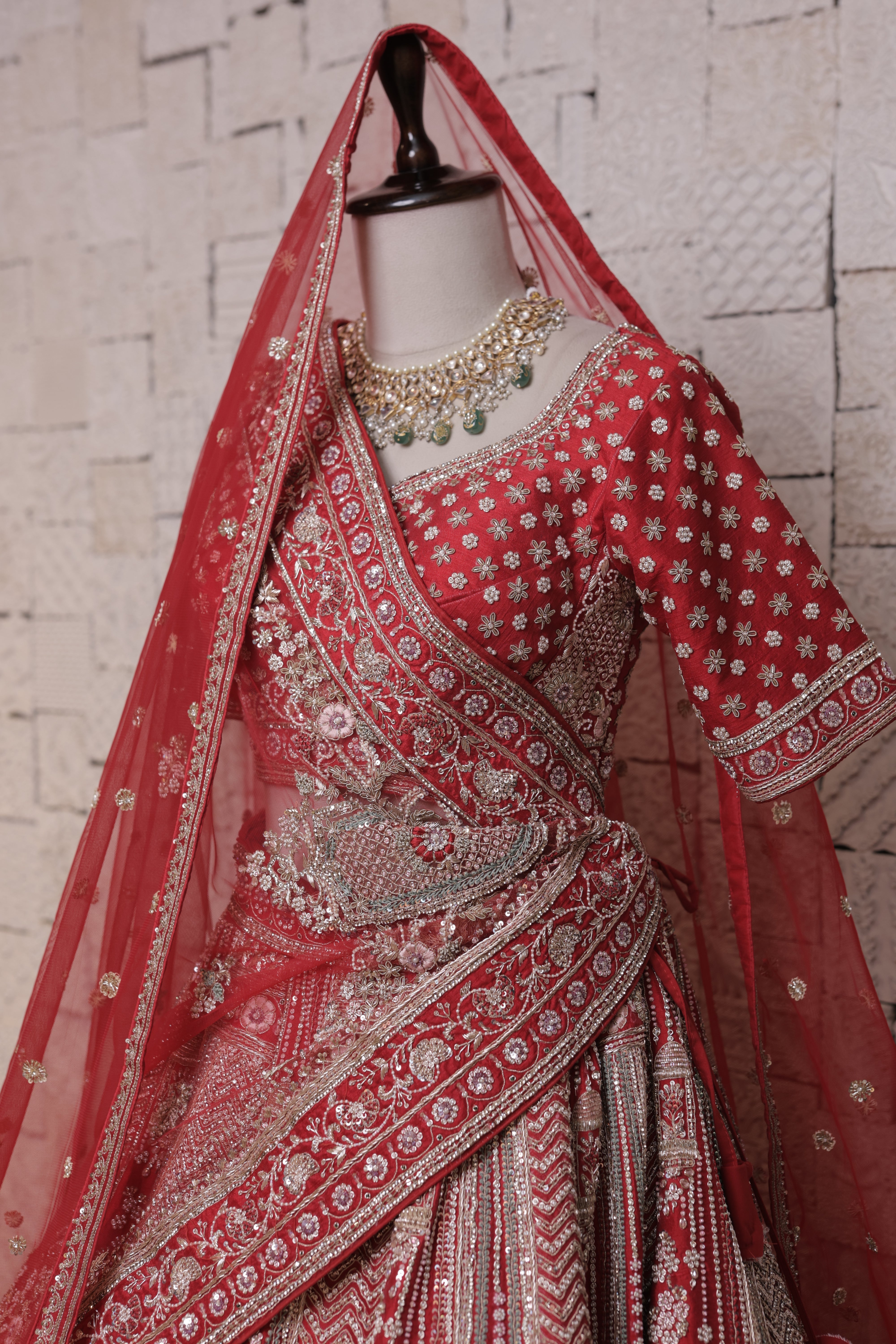 Royal Red Bridal Lehenga with Mughal Palace Motifs, Heavy Zari & Hand Embroidery