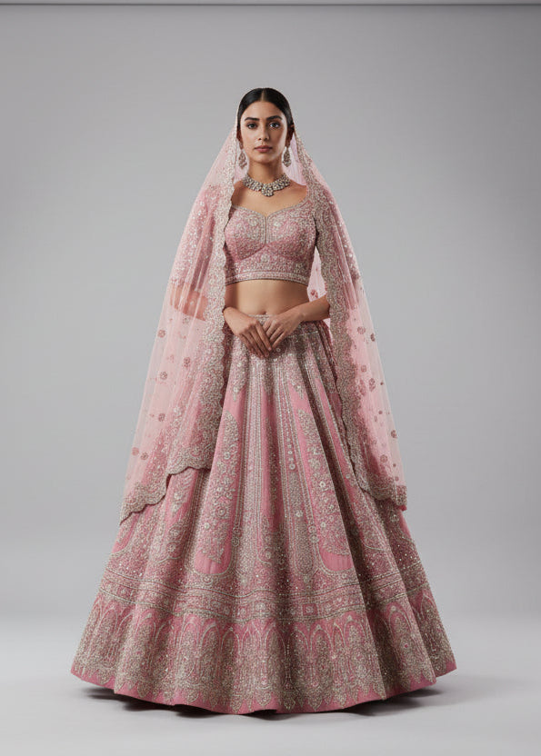 Pink Embroidered Bridal Lehenga Choli with Silver Beadwork