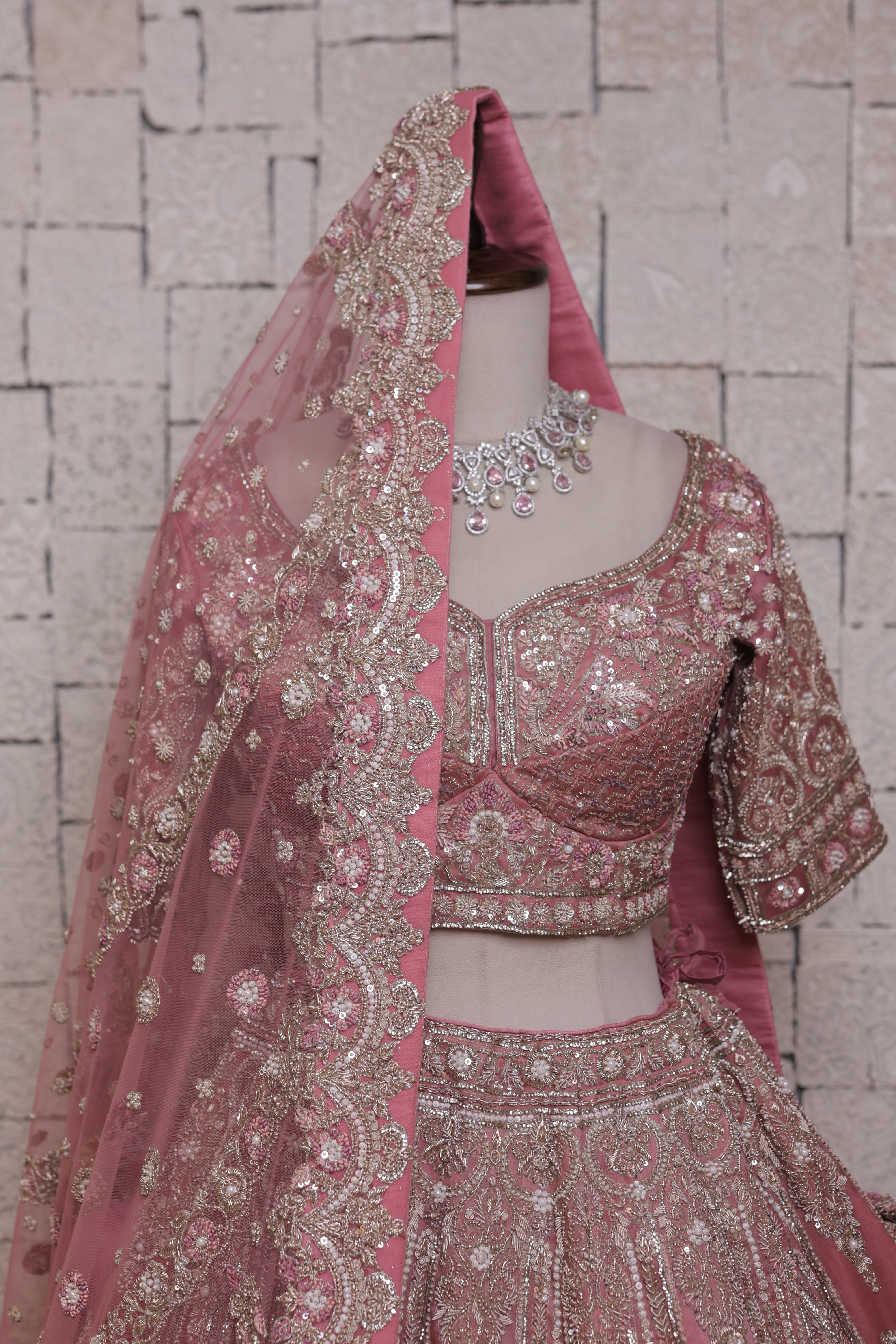 Pink Embroidered Bridal Lehenga Choli with Silver Beadwork