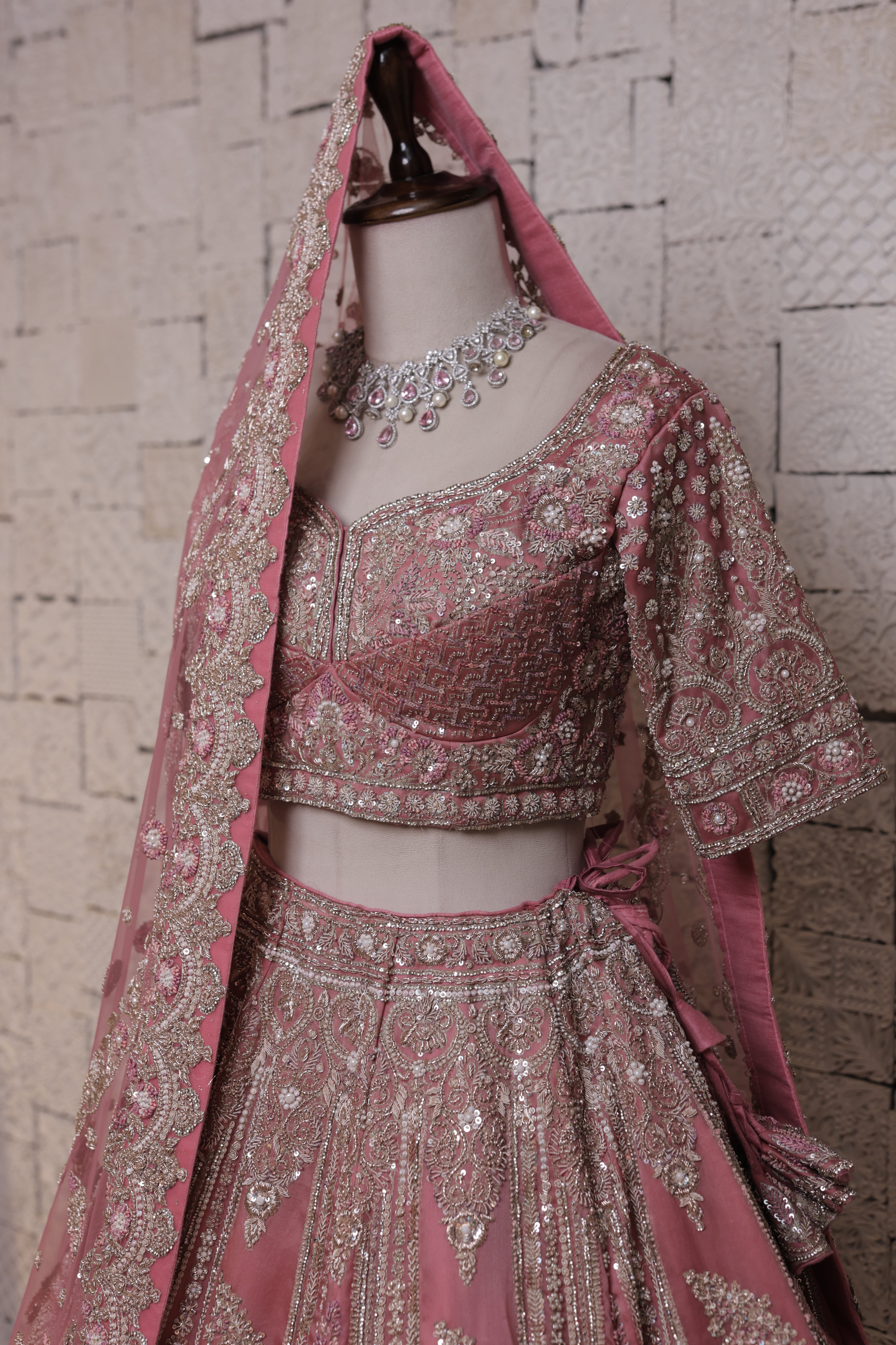 Pink Embroidered Bridal Lehenga Choli with Silver Beadwork