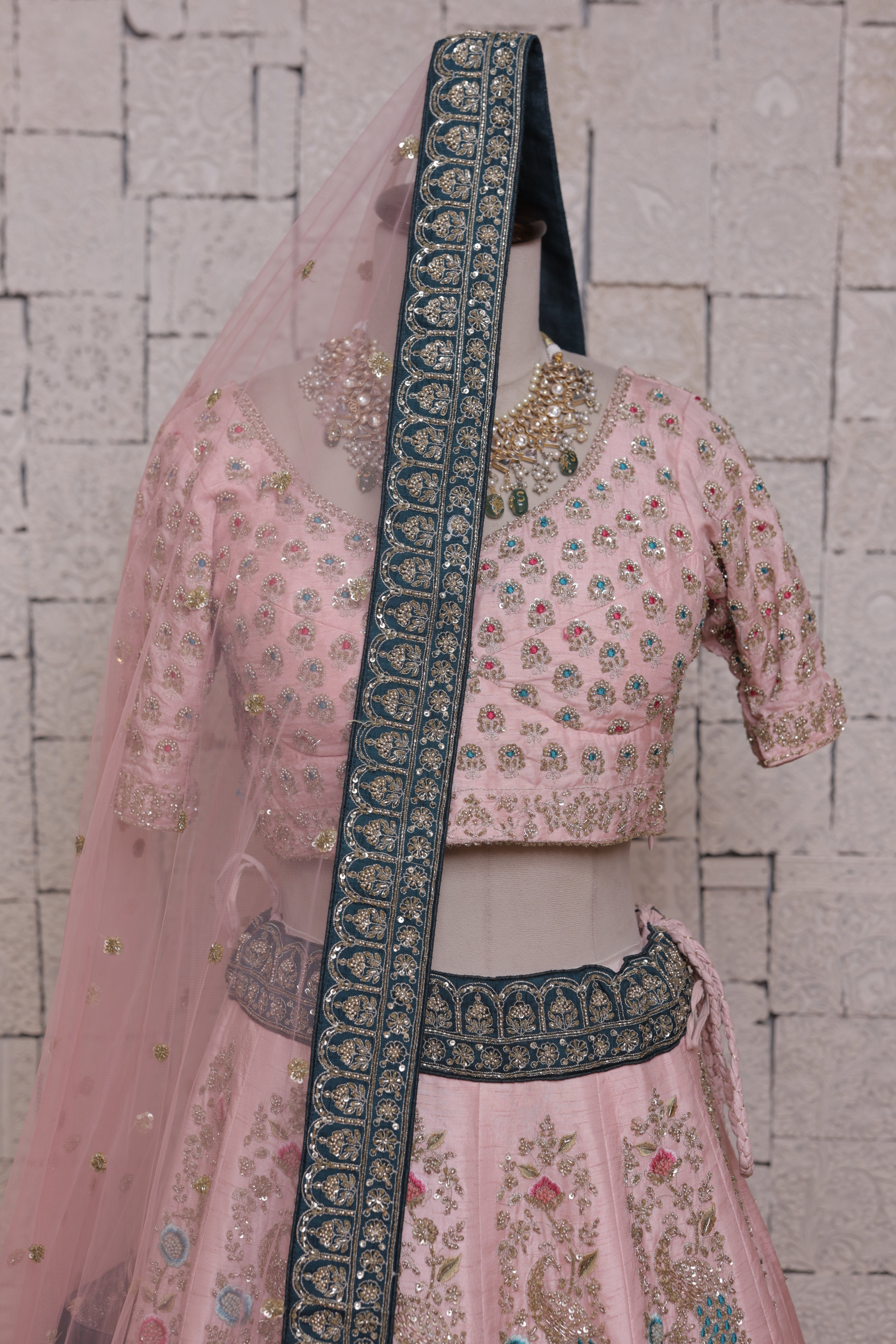 Peach Grey Bridal Lehenga with Peacock Embroidery – Zari, Thread & Sequin Detailing