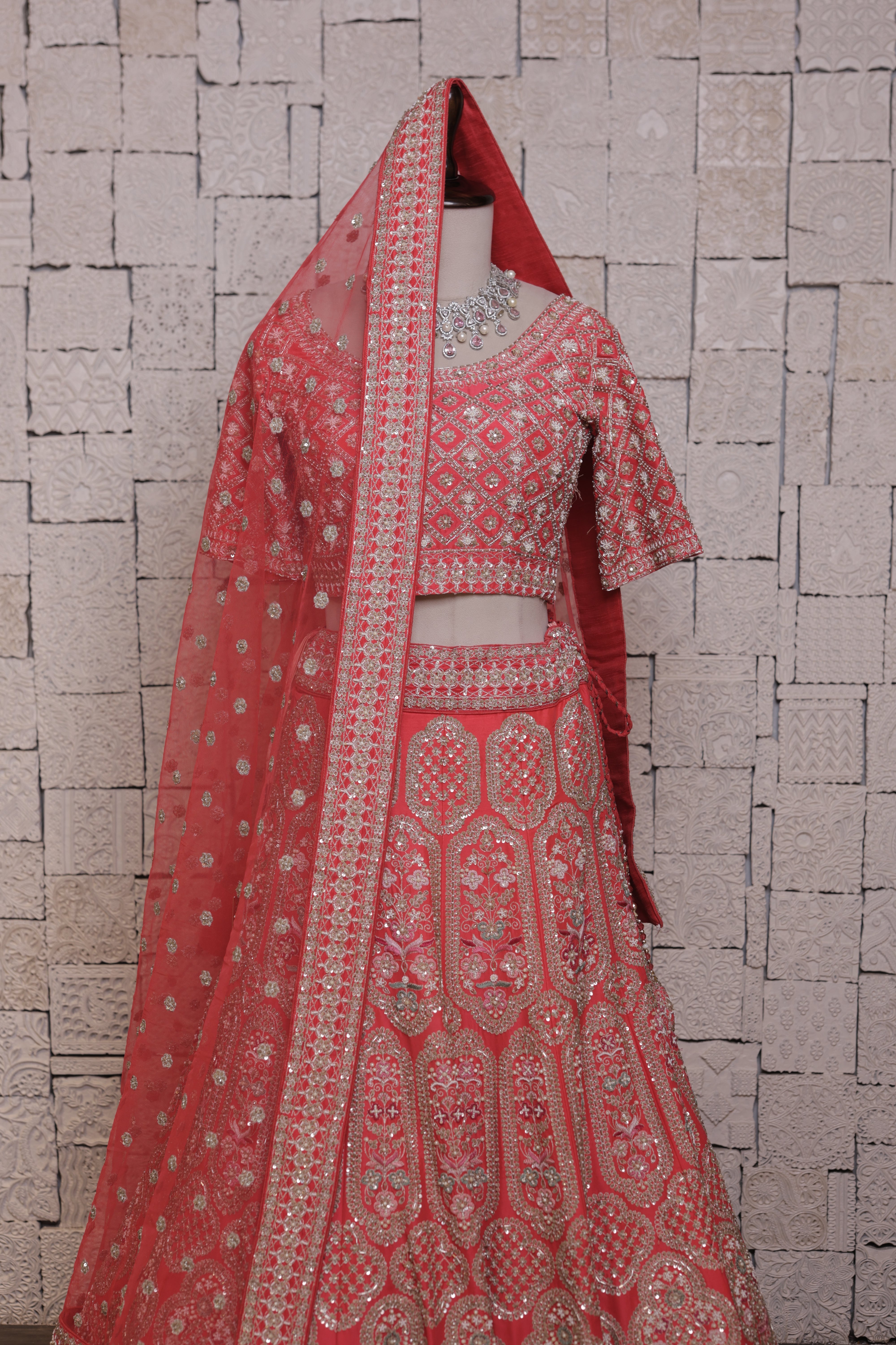 Red Bridal Lehenga with Floral Embroidery – Zari, Thread & Sequin Detailing