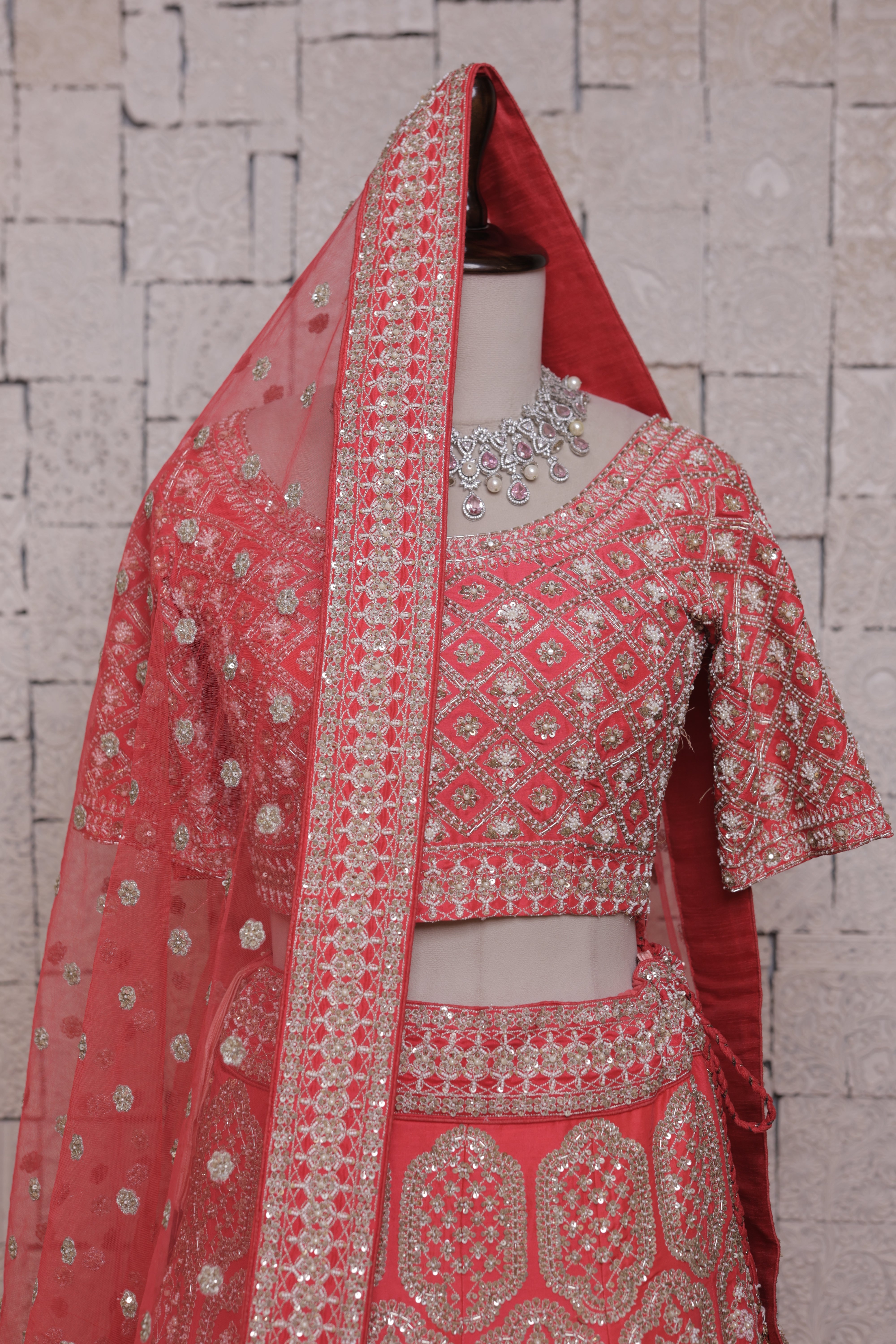 Red Bridal Lehenga with Floral Embroidery – Zari, Thread & Sequin Detailing