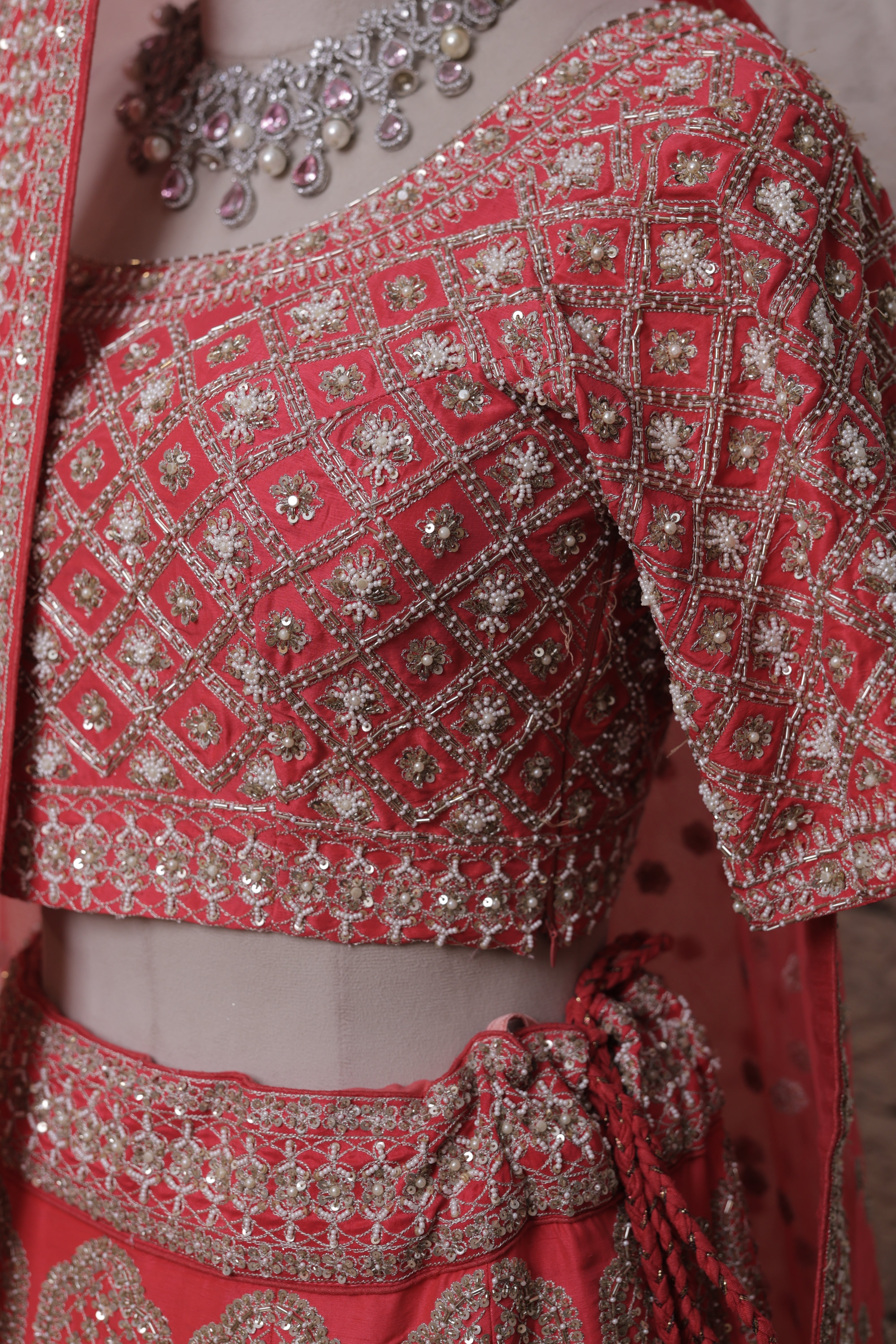 Red Bridal Lehenga with Floral Embroidery – Zari, Thread & Sequin Detailing