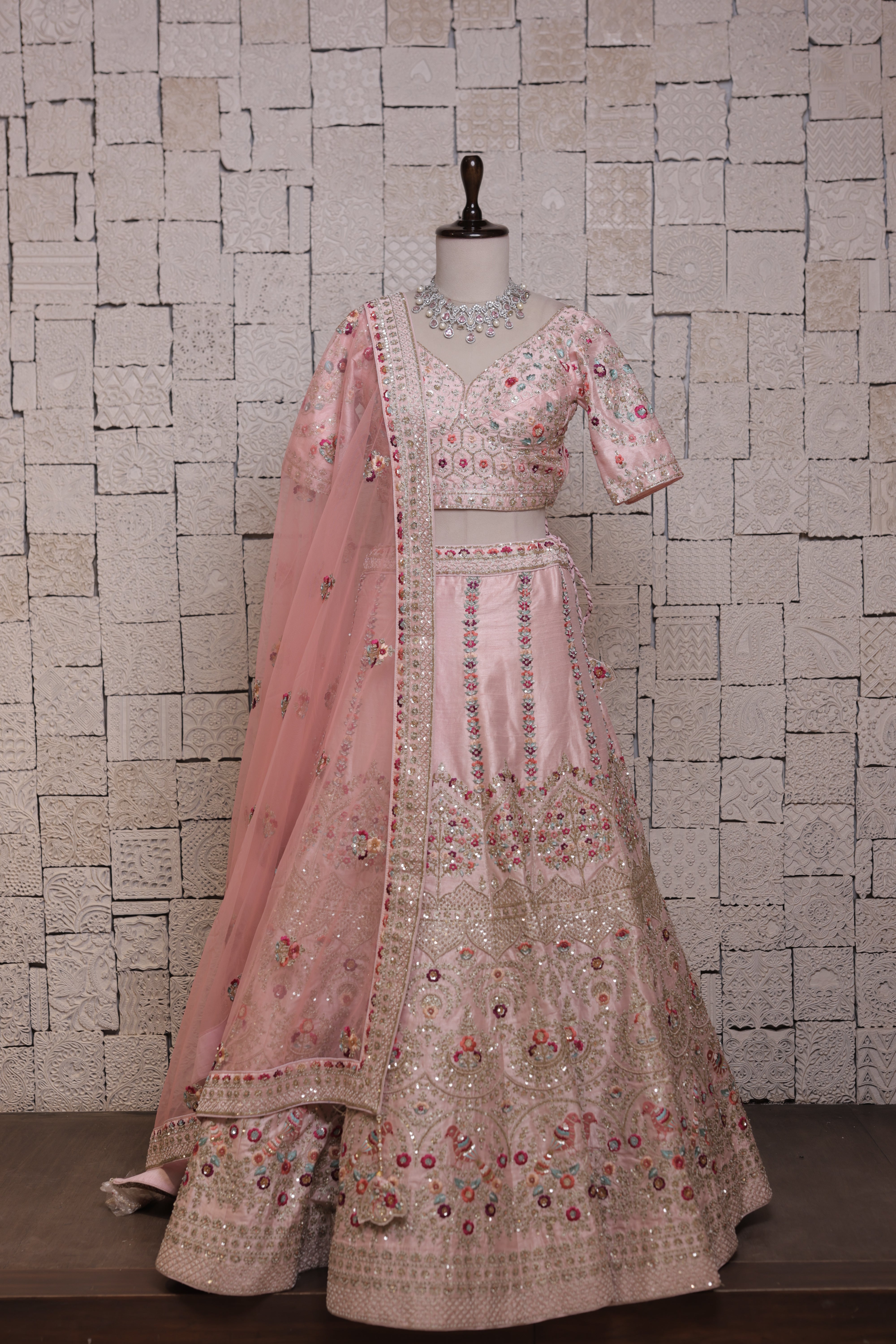 Peach Bridal Lehenga with Parrot and Flower Embroidery | Zari & Sequin Detailing