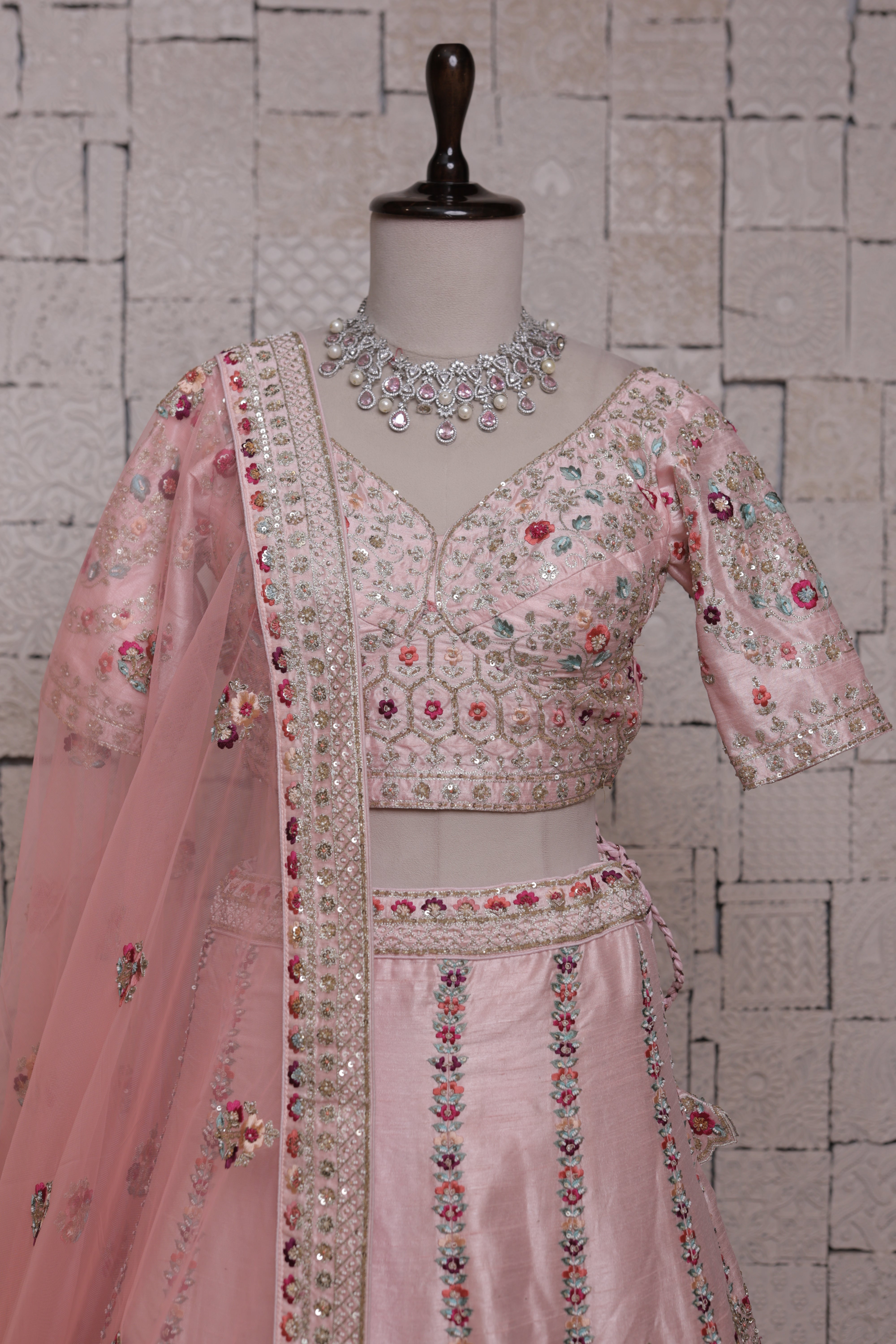 Peach Bridal Lehenga with Parrot and Flower Embroidery | Zari & Sequin Detailing