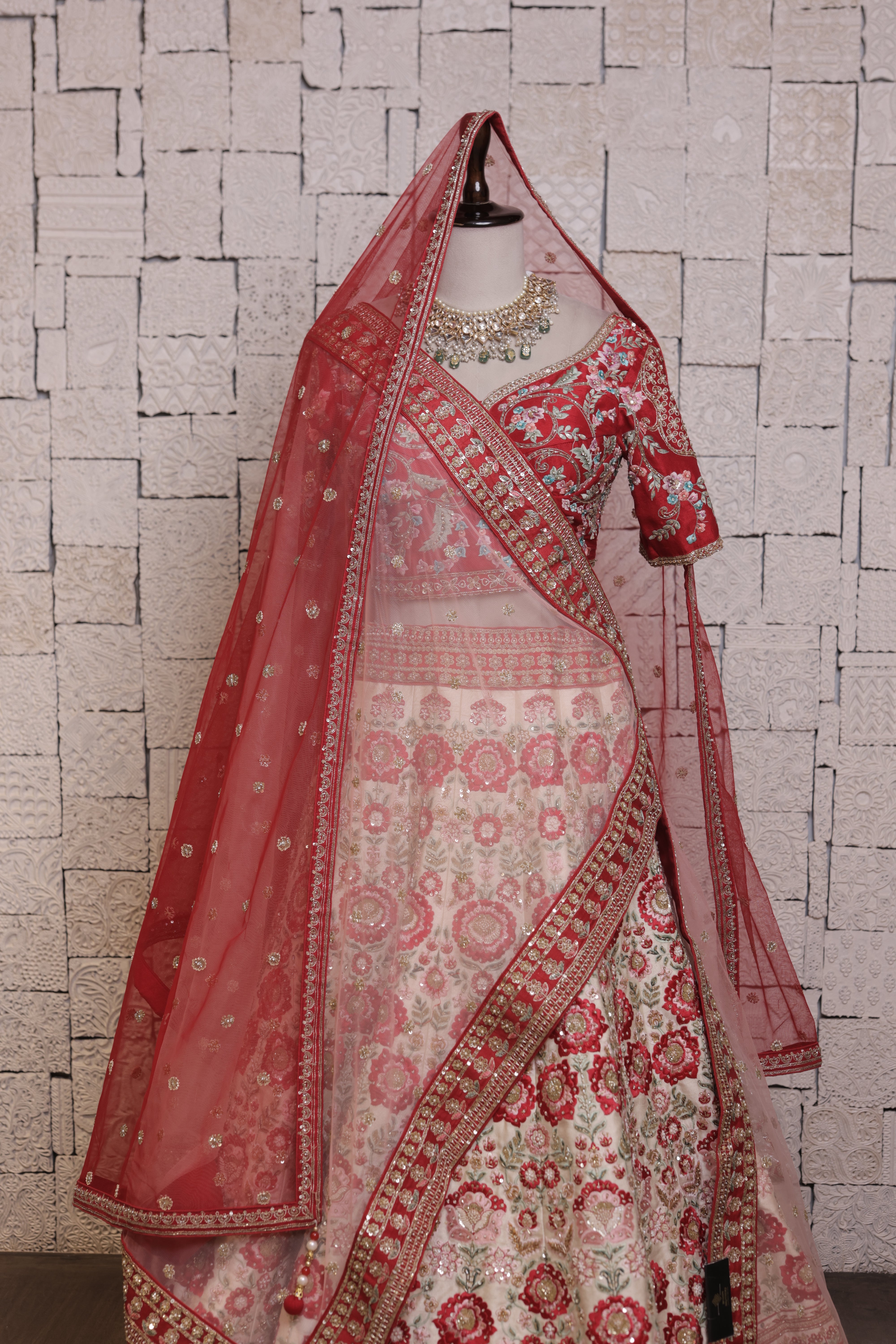 Cream Bridal Lehenga with Rose Flower Embroidery | Zari & Sequin Work