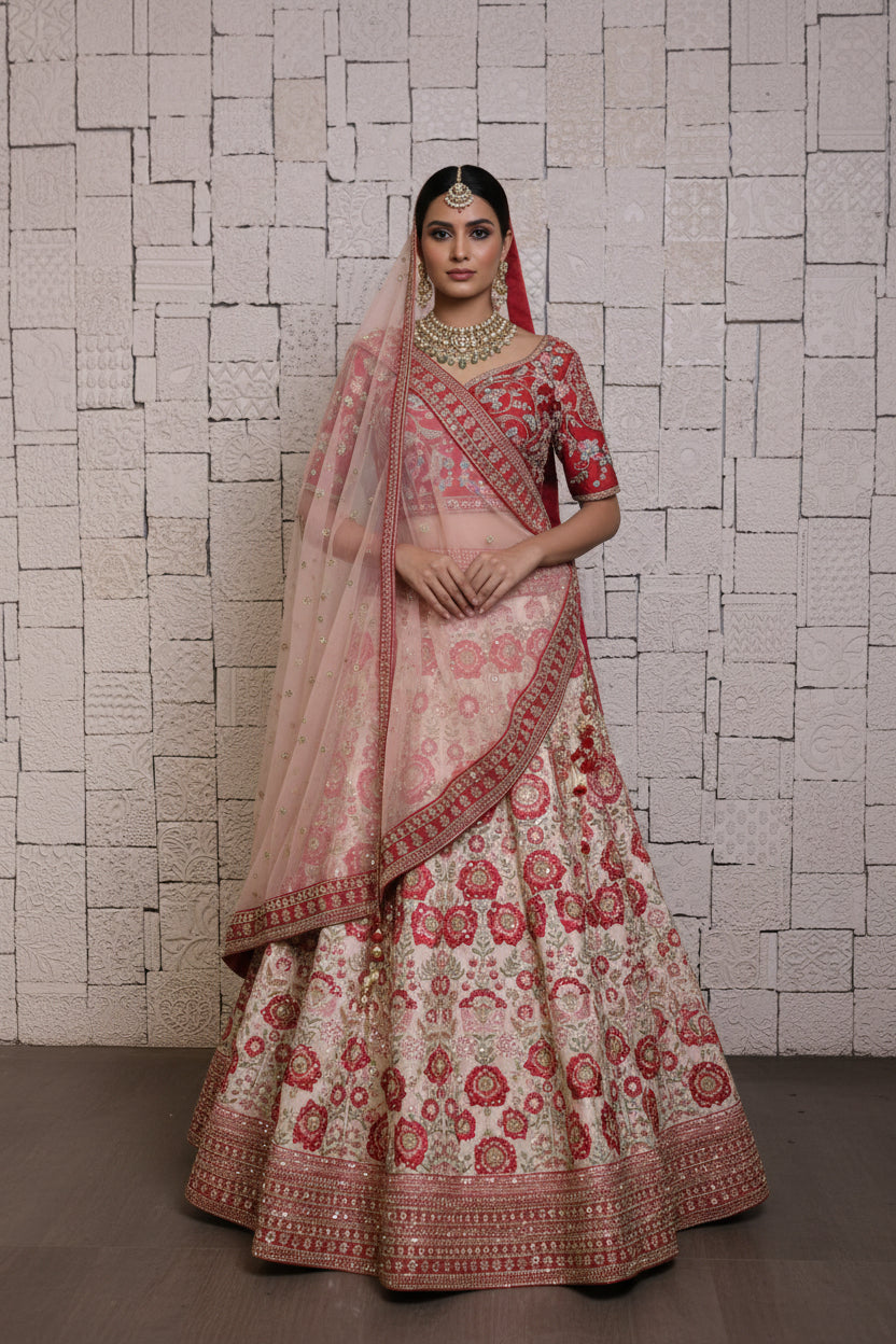 Cream Bridal Lehenga with Rose Flower Embroidery | Zari & Sequin Work