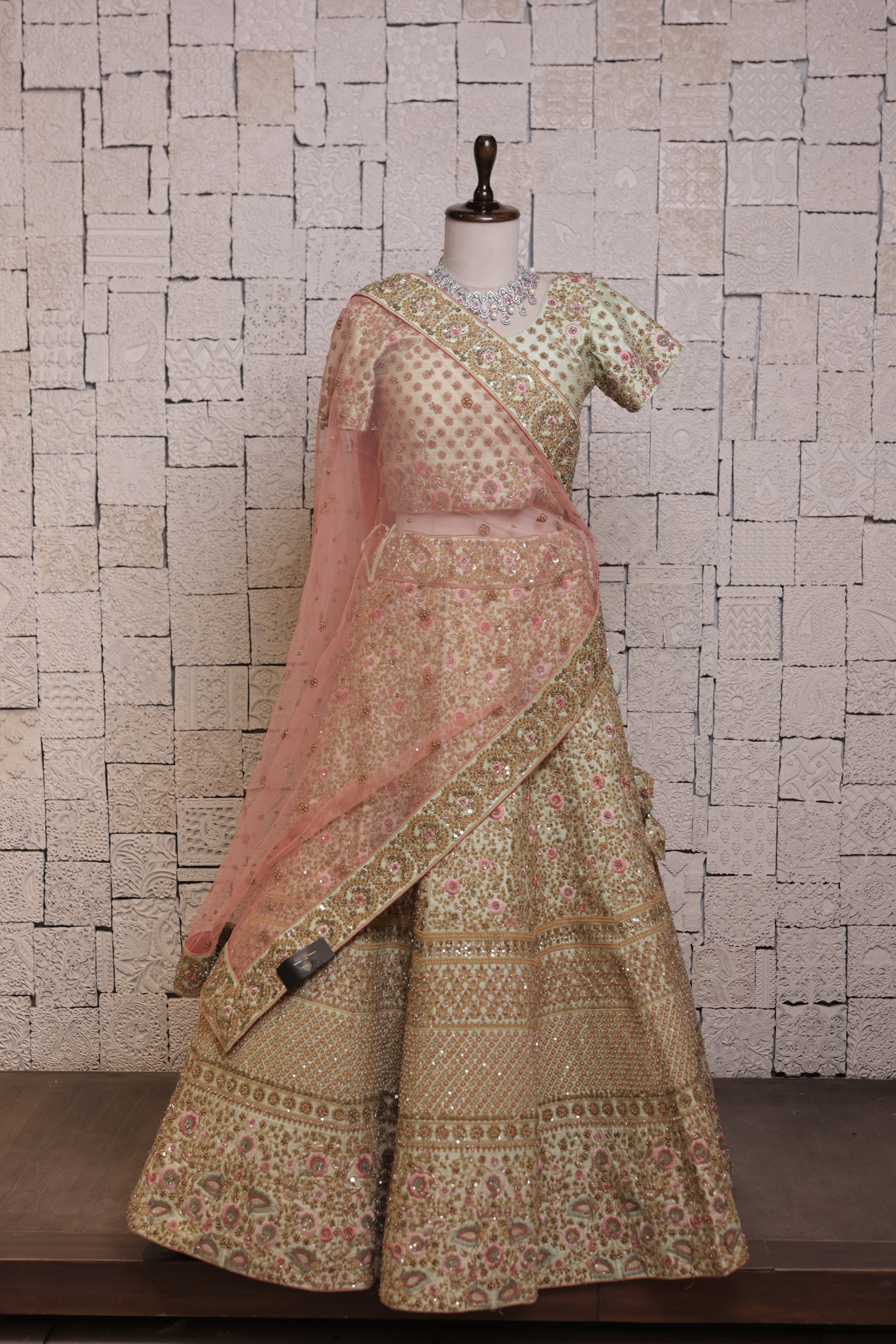 Light Green Bridal Lehenga with Cut Dana Embellishment | Handcrafted Zari & Sequin Work