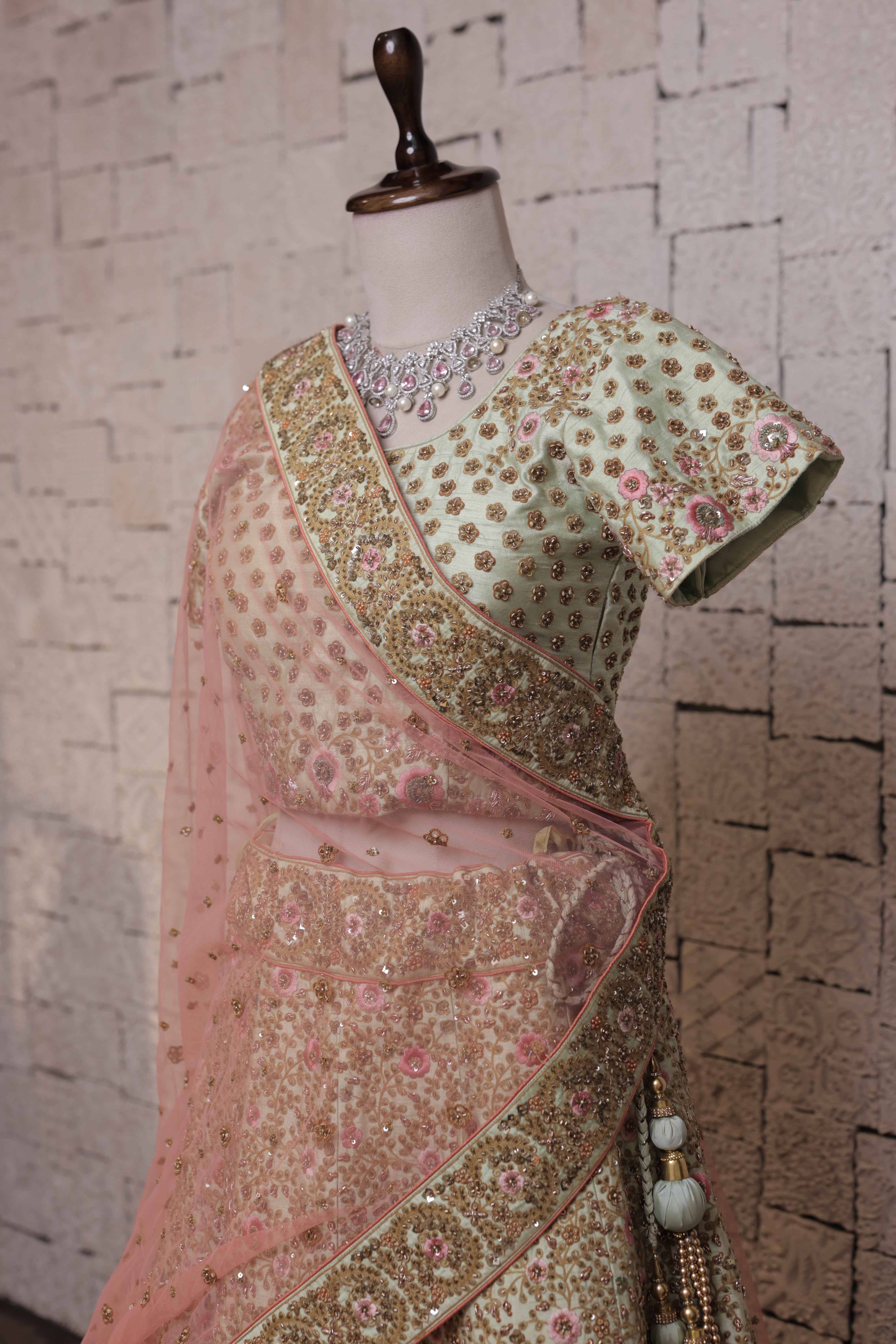 Light Green Bridal Lehenga with Cut Dana Embellishment | Handcrafted Zari & Sequin Work