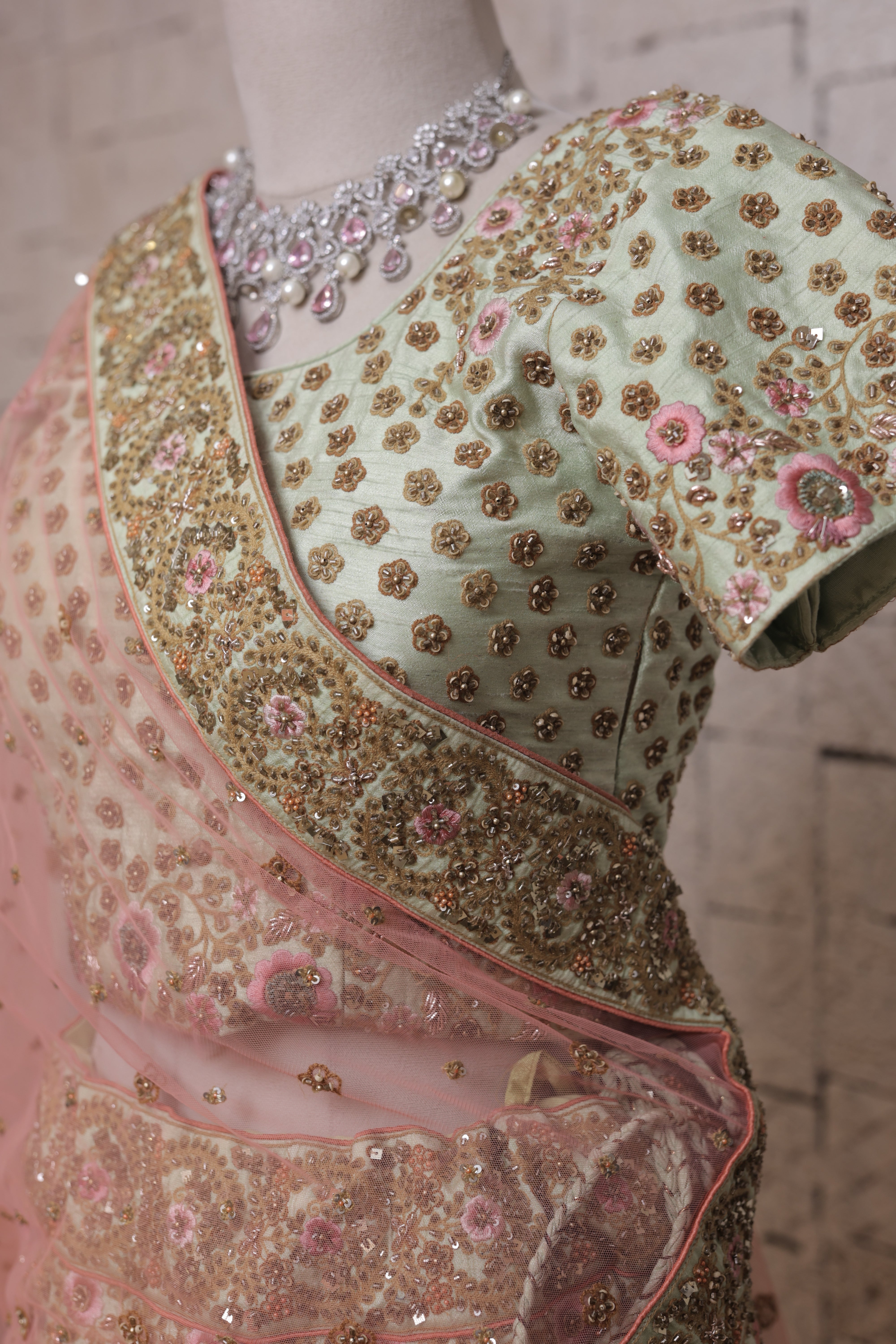 Light Green Bridal Lehenga with Cut Dana Embellishment | Handcrafted Zari & Sequin Work