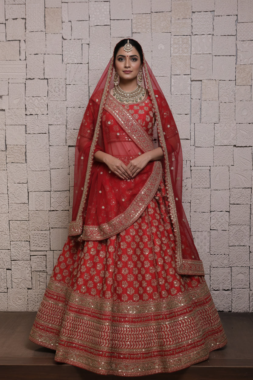Red Bridal Lehenga with Flower and Leaves Embroidery | Zari & Sequin Detailing