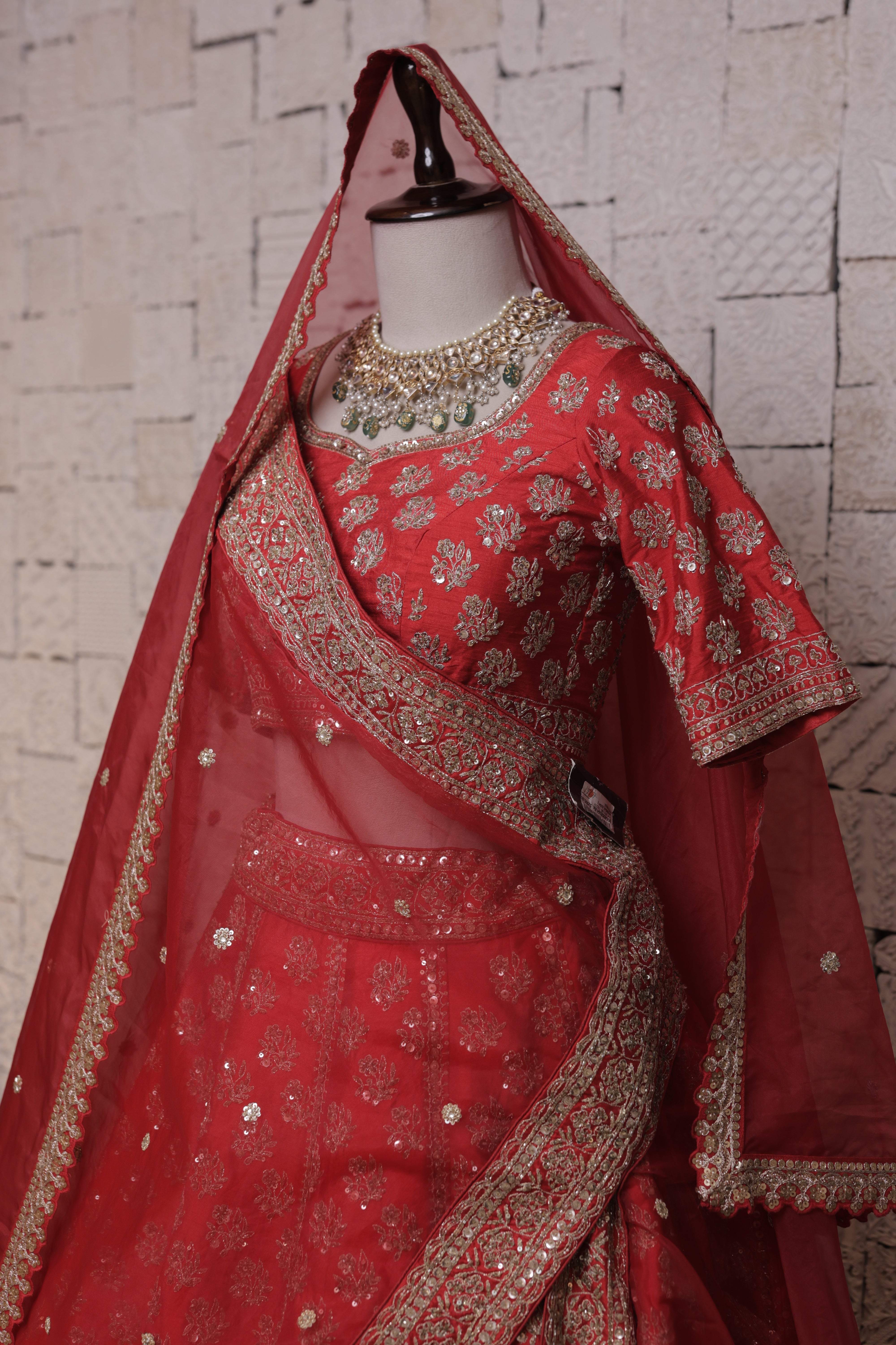 Red Bridal Lehenga with Flower and Leaves Embroidery | Zari & Sequin Detailing