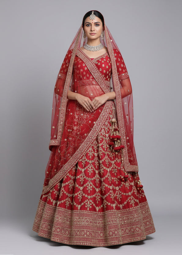 Red Bridal Lehenga with Jhumka Design Embroidery | Zari & Sequin Work