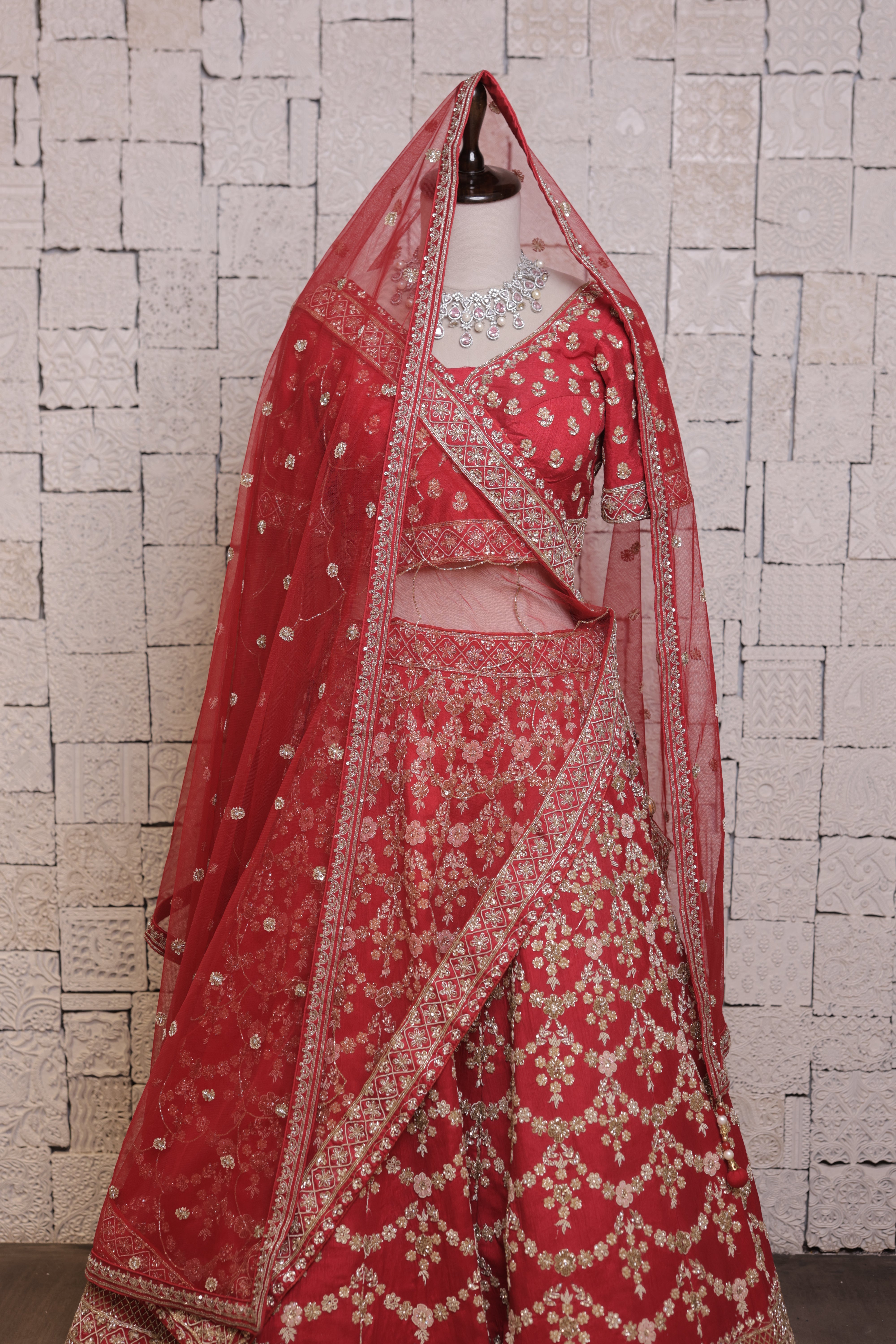 Red Bridal Lehenga with Jhumka Design Embroidery | Zari & Sequin Work