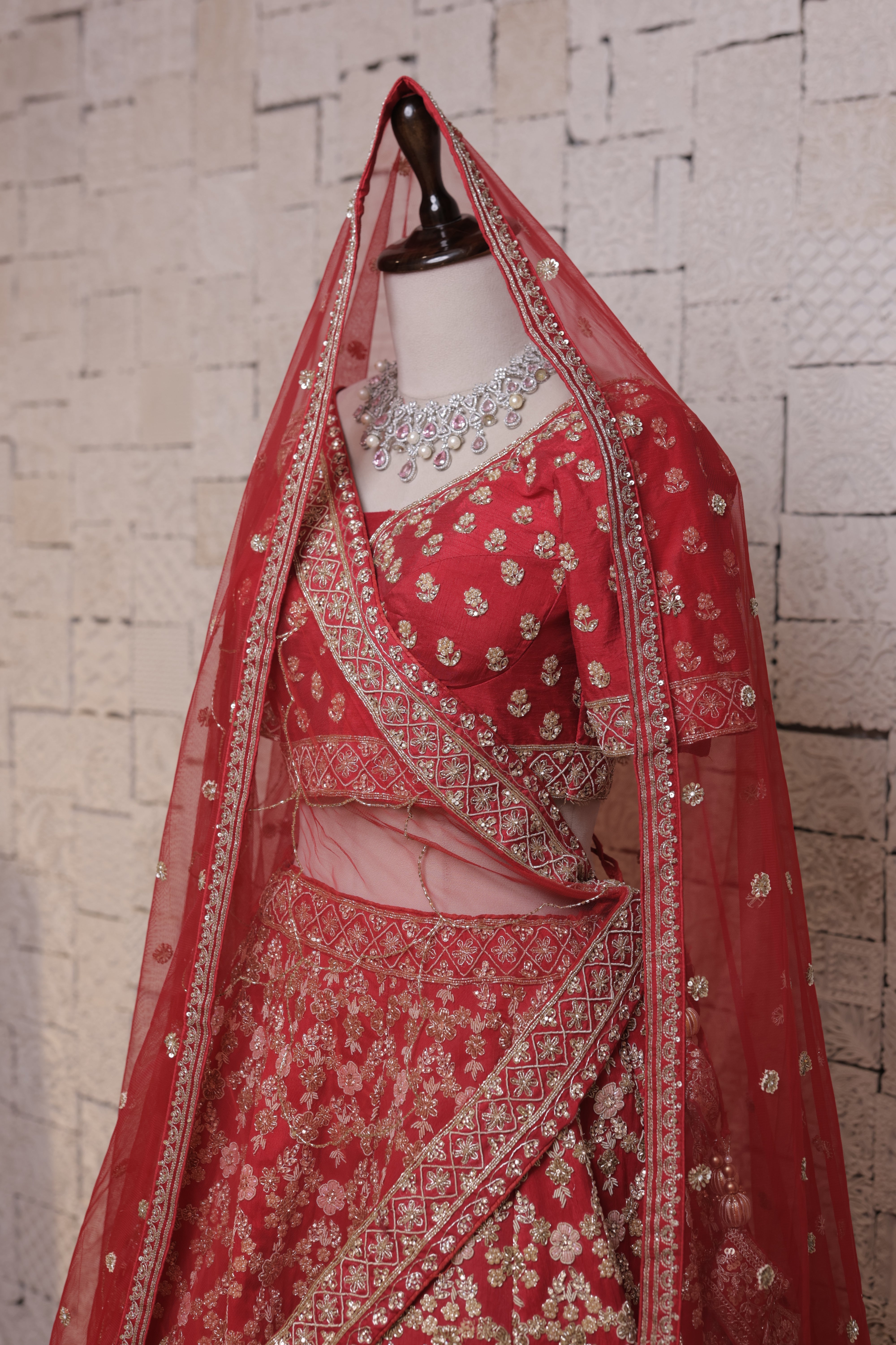 Red Bridal Lehenga with Jhumka Design Embroidery | Zari & Sequin Work