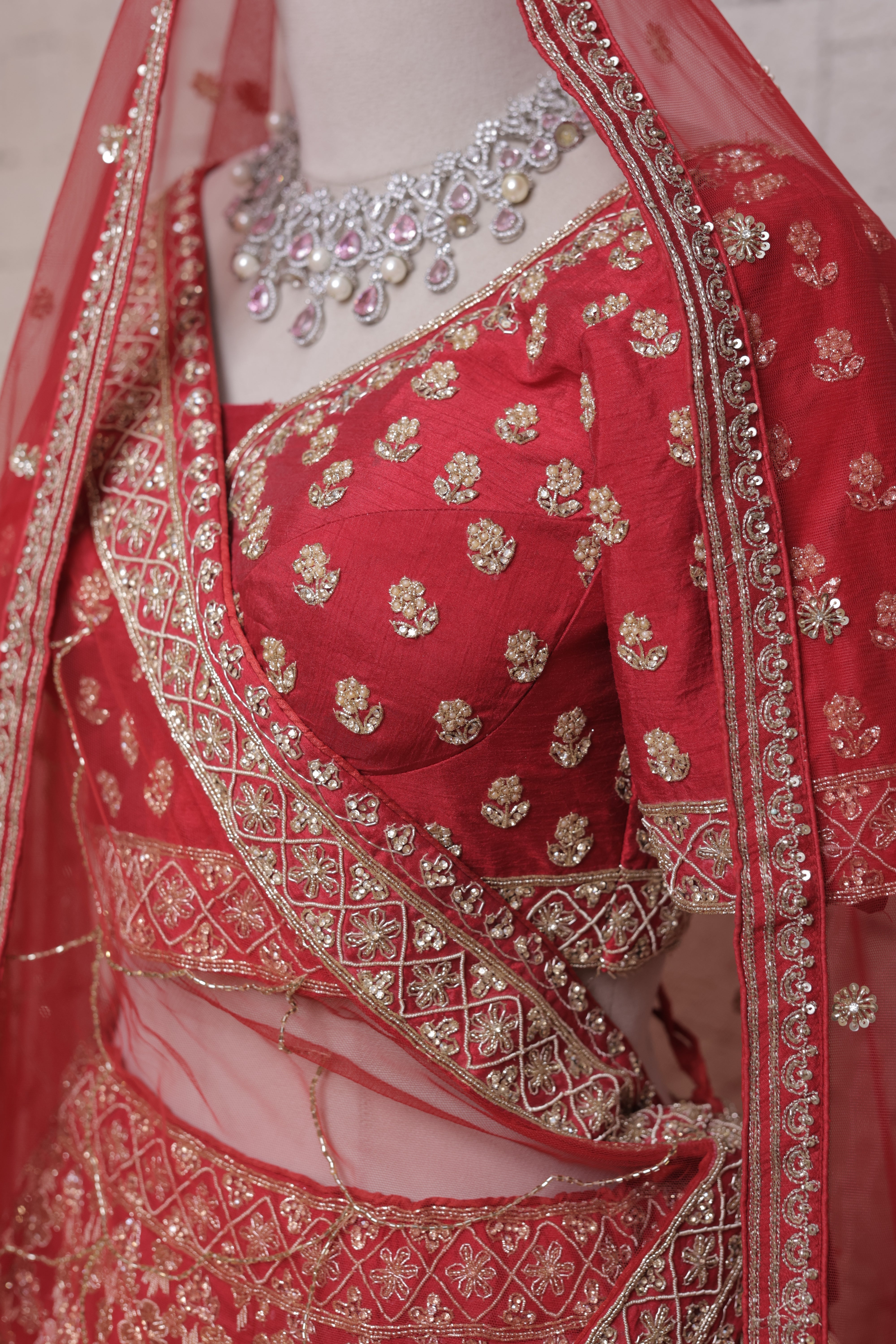 Red Bridal Lehenga with Jhumka Design Embroidery | Zari & Sequin Work