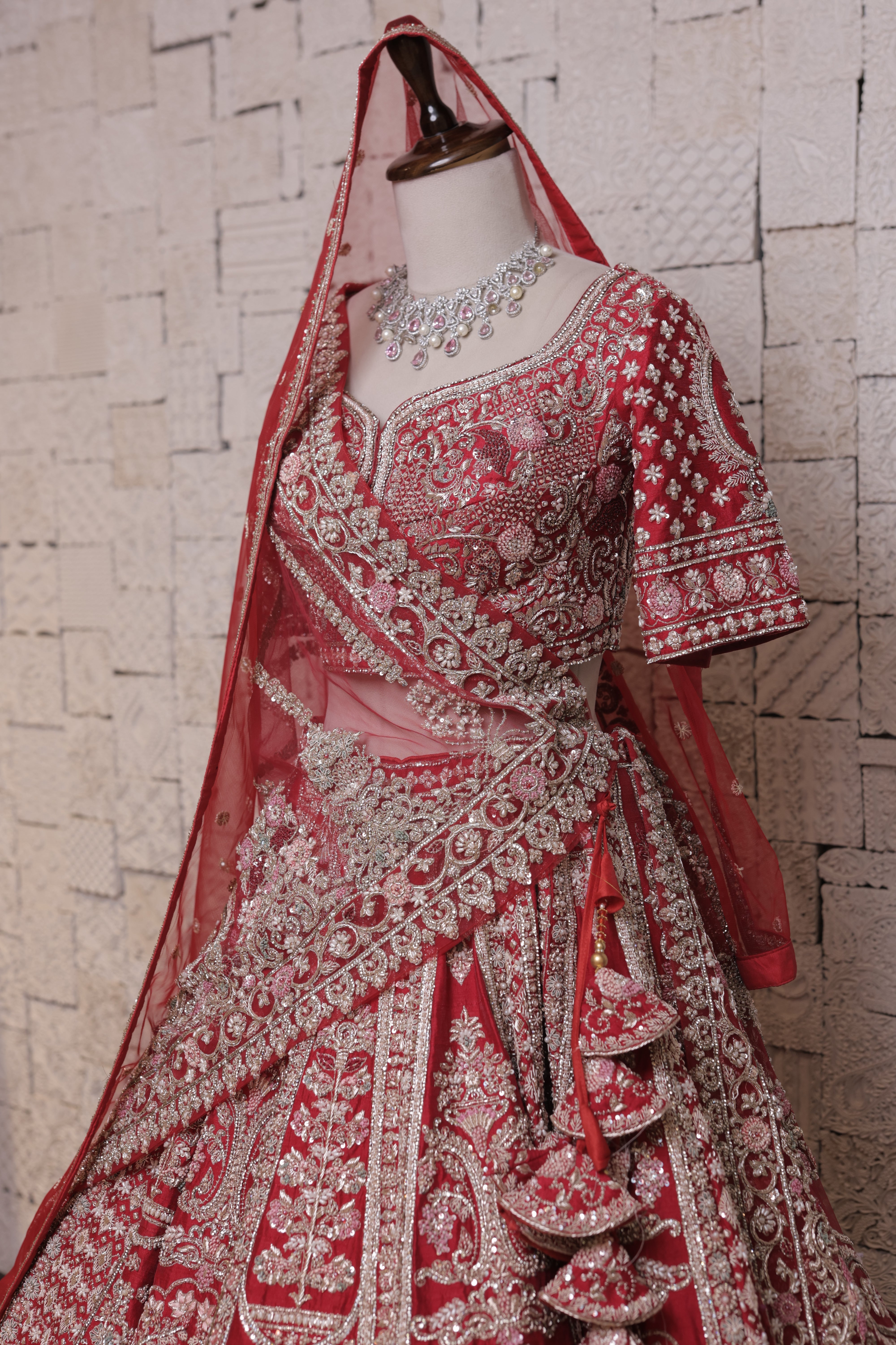 Red Bridal Lehenga with Half Gola Embroidery | Zari & Sequin Work