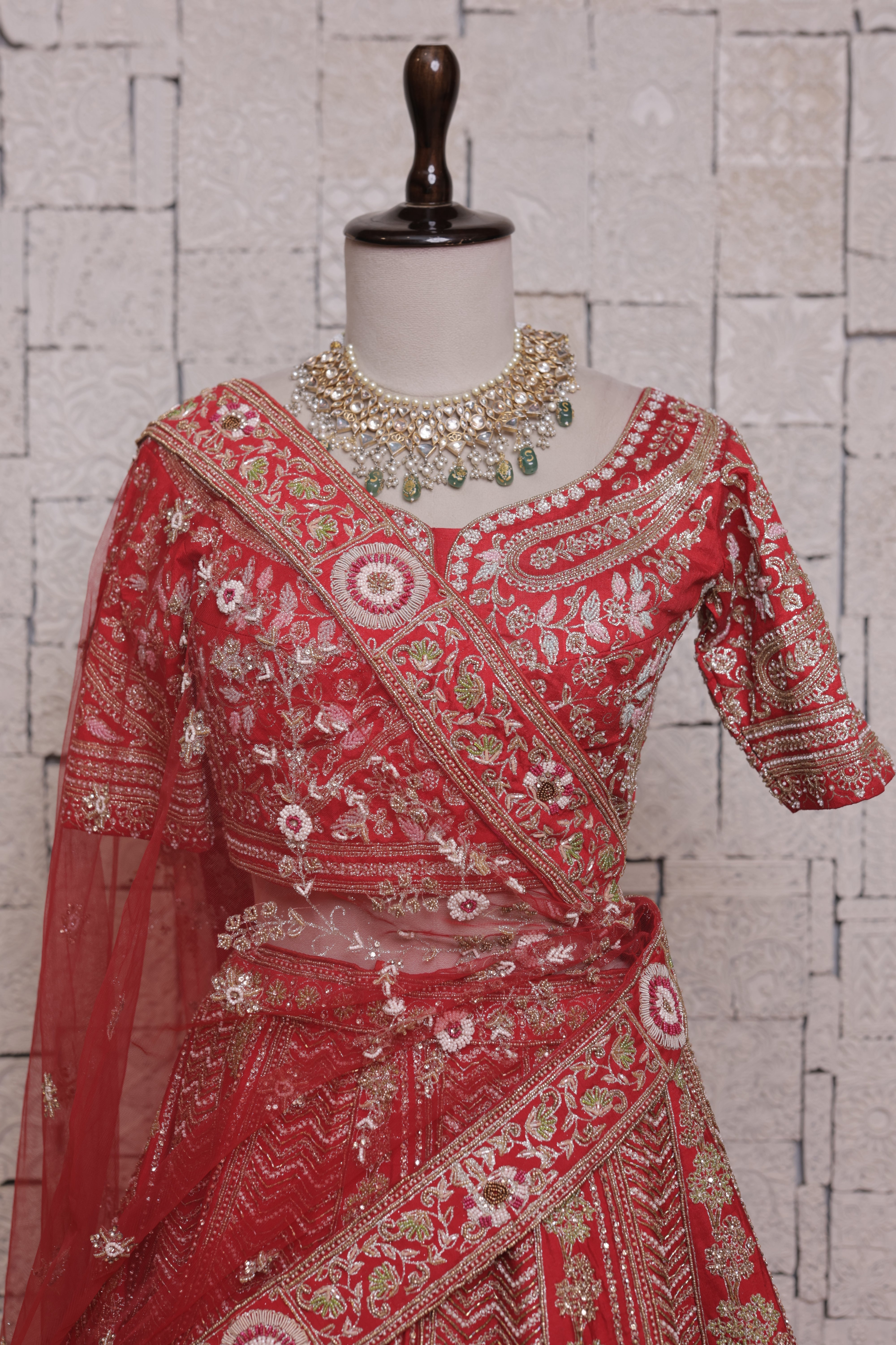 Red Bridal Lehenga with Tree & Mor Embroidery | Zari & Sequin Work