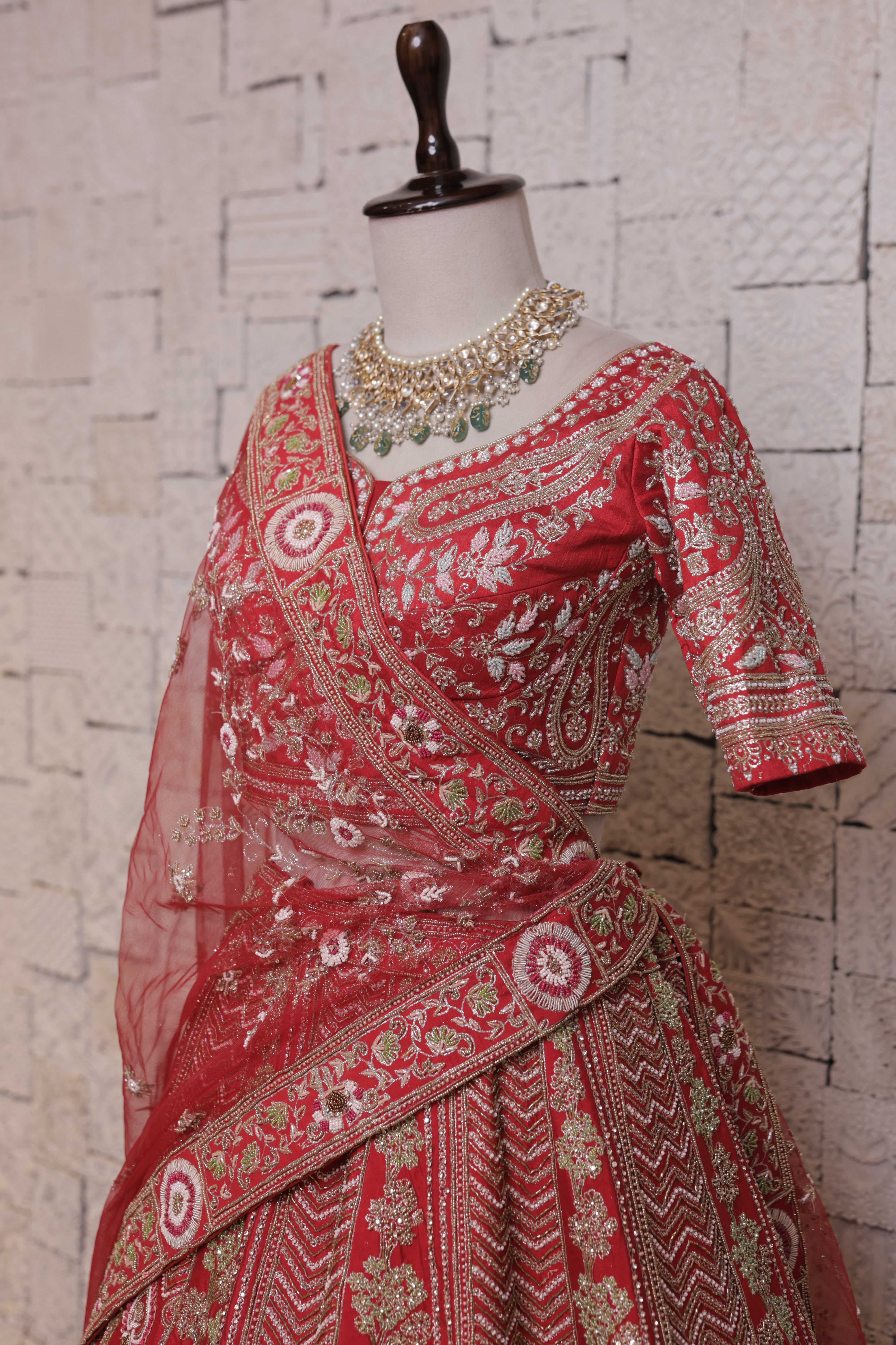 Red Bridal Lehenga with Tree & Mor Embroidery | Zari & Sequin Work