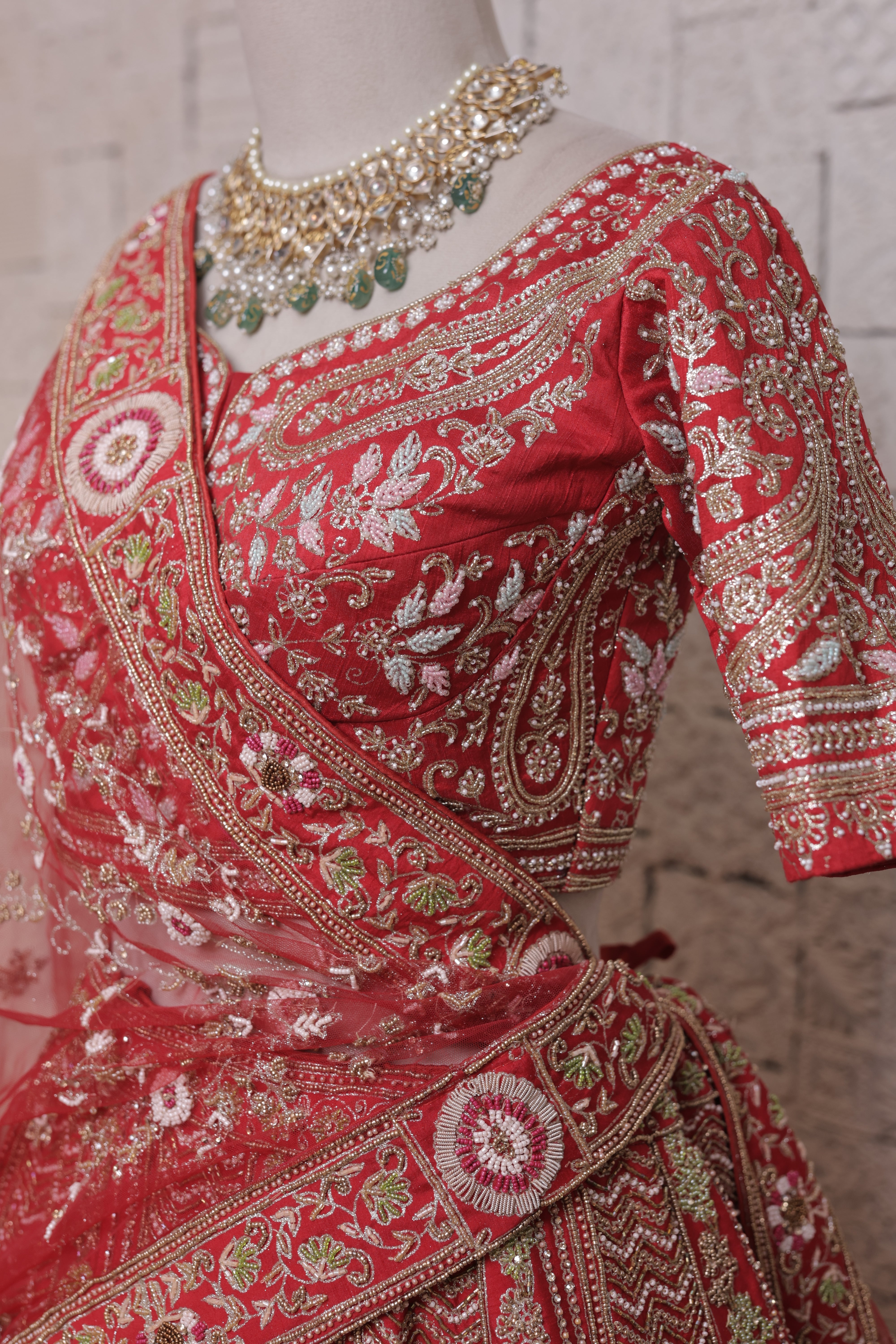 Red Bridal Lehenga with Tree & Mor Embroidery | Zari & Sequin Work
