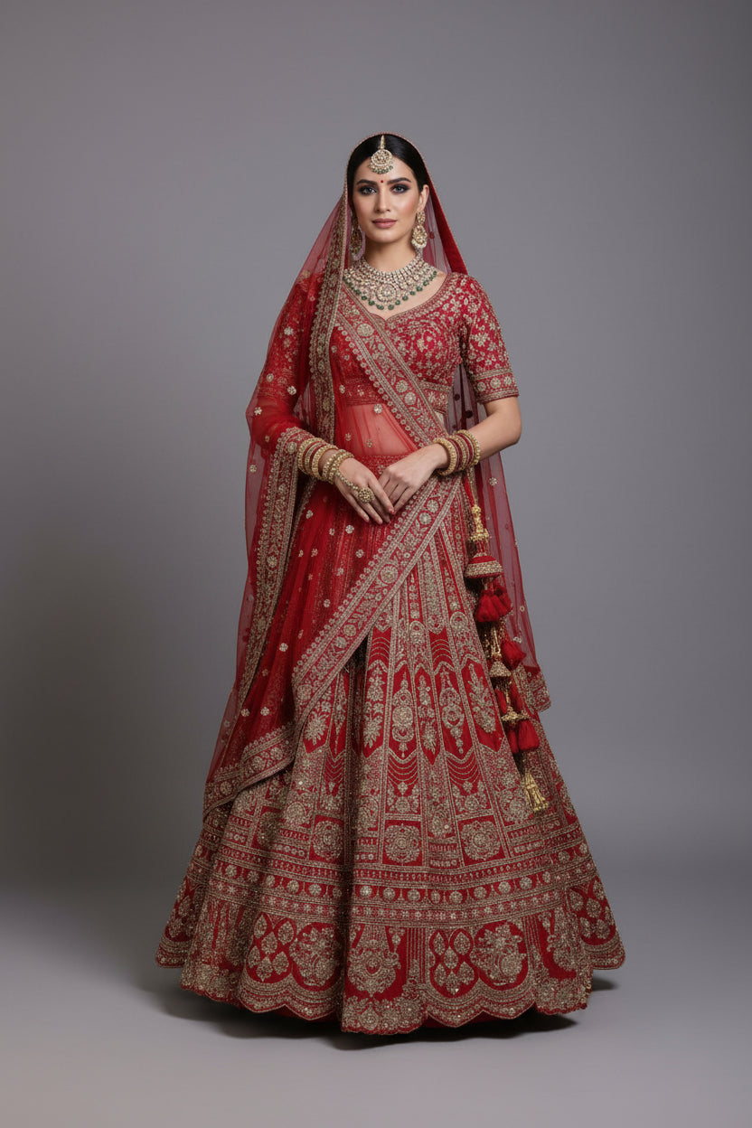 A red bridal lehenga with intricate hand embroidery and heavy zari work displayed against a brick wall backdrop.