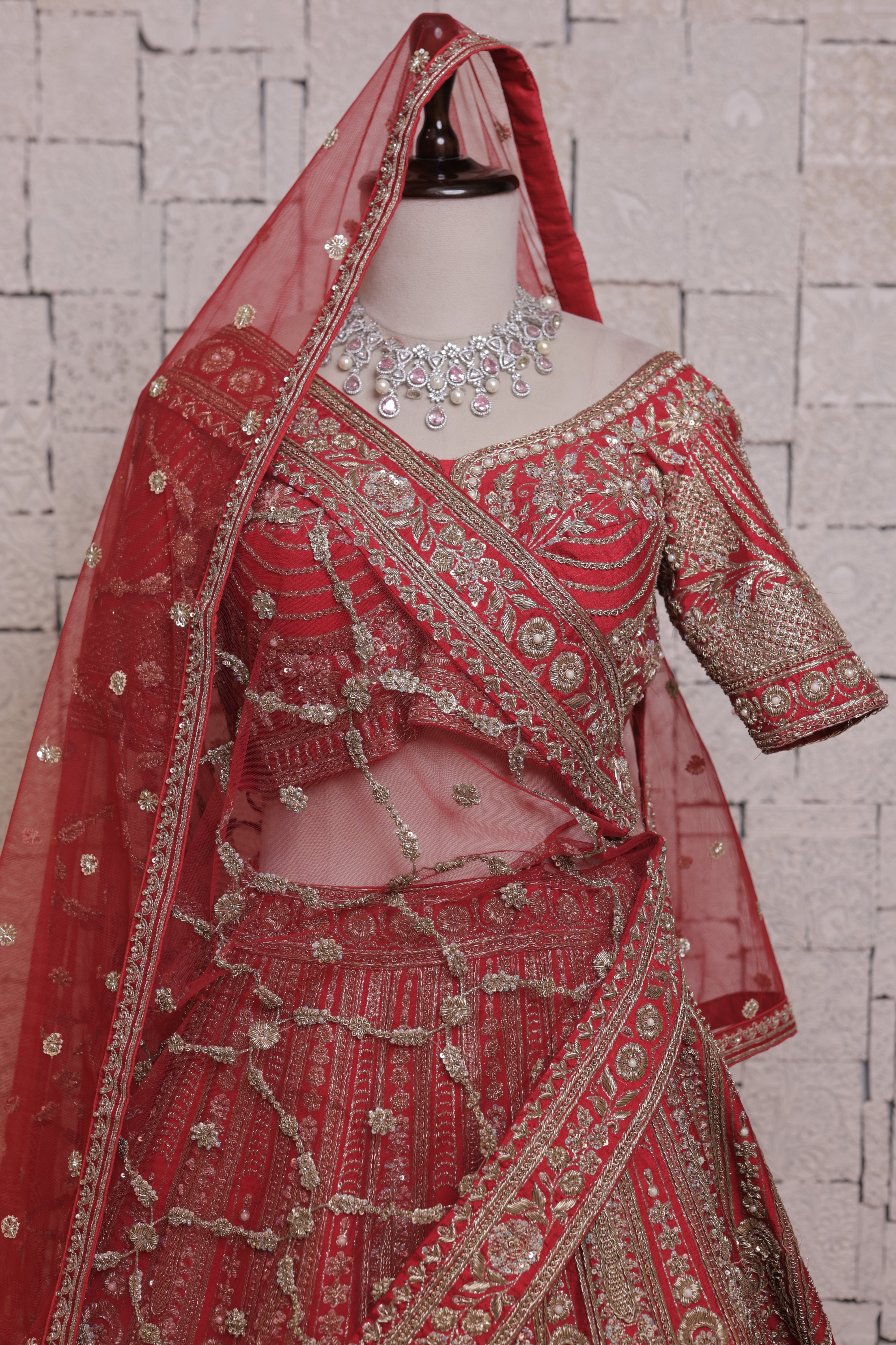 Red Bridal Lehenga with Intricate Hand Embroidery & Heavy Zari Work