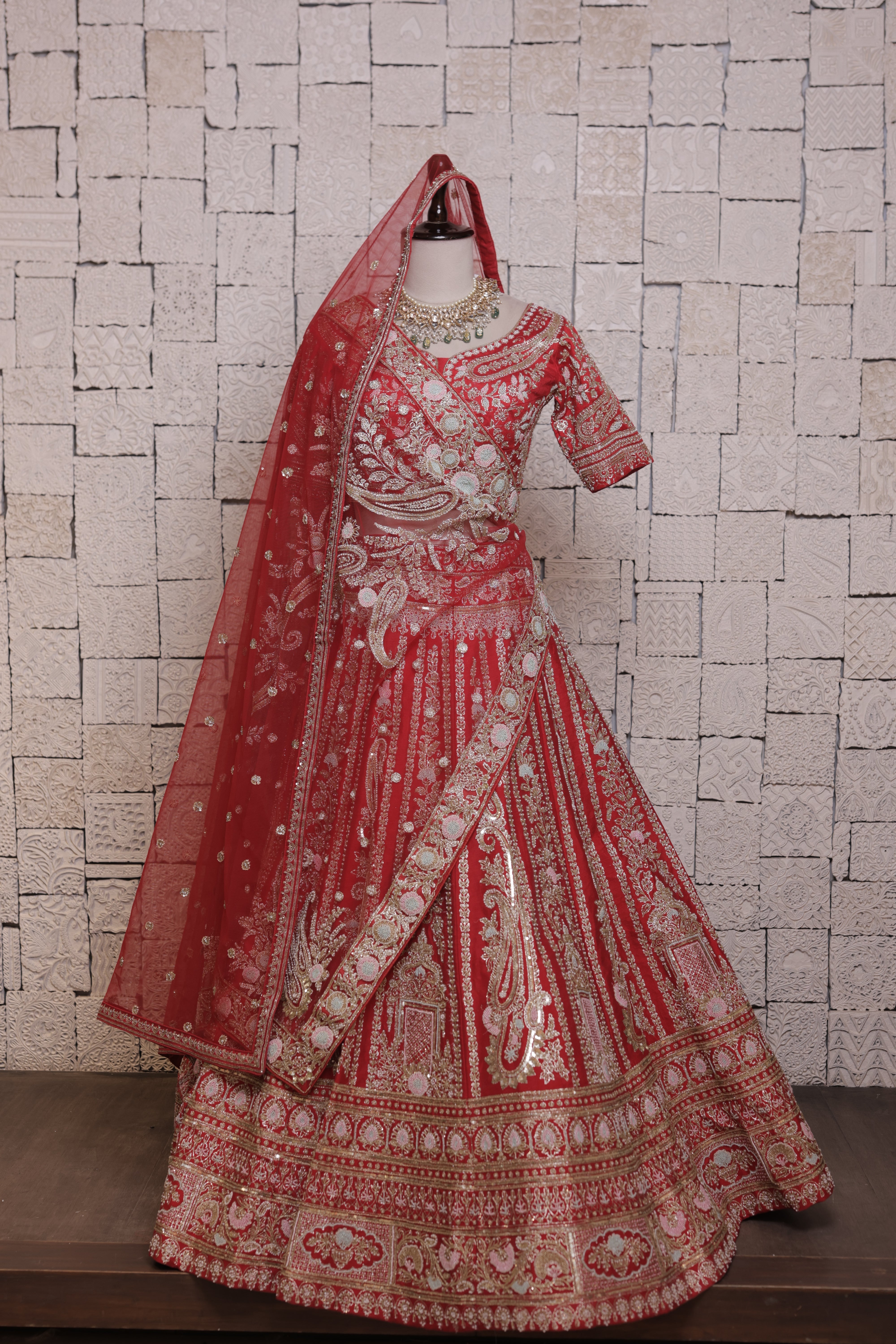 Red Bridal Lehenga with Lamp Embroidery | Zari & Sequin Work