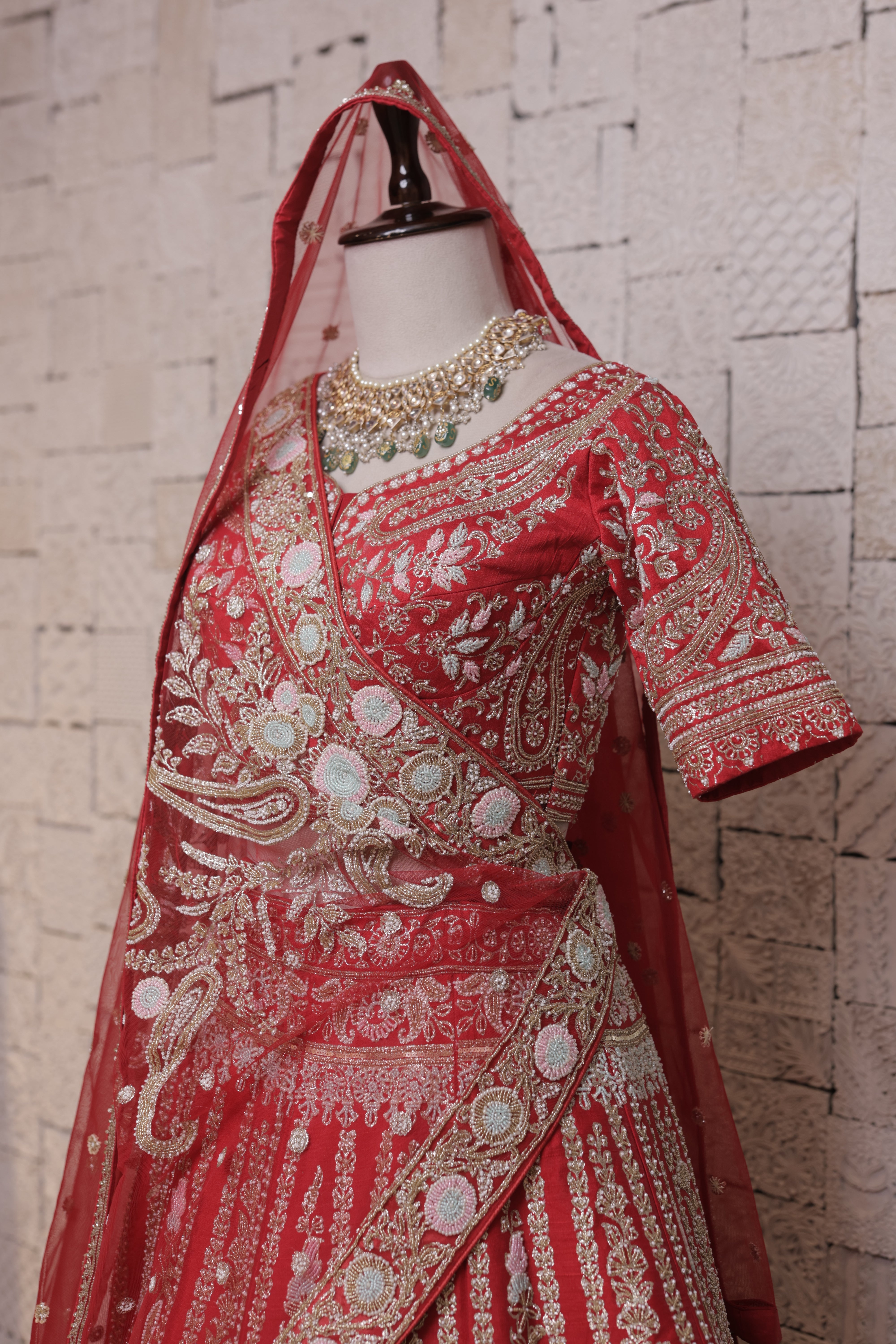 Red Bridal Lehenga with Lamp Embroidery | Zari & Sequin Work