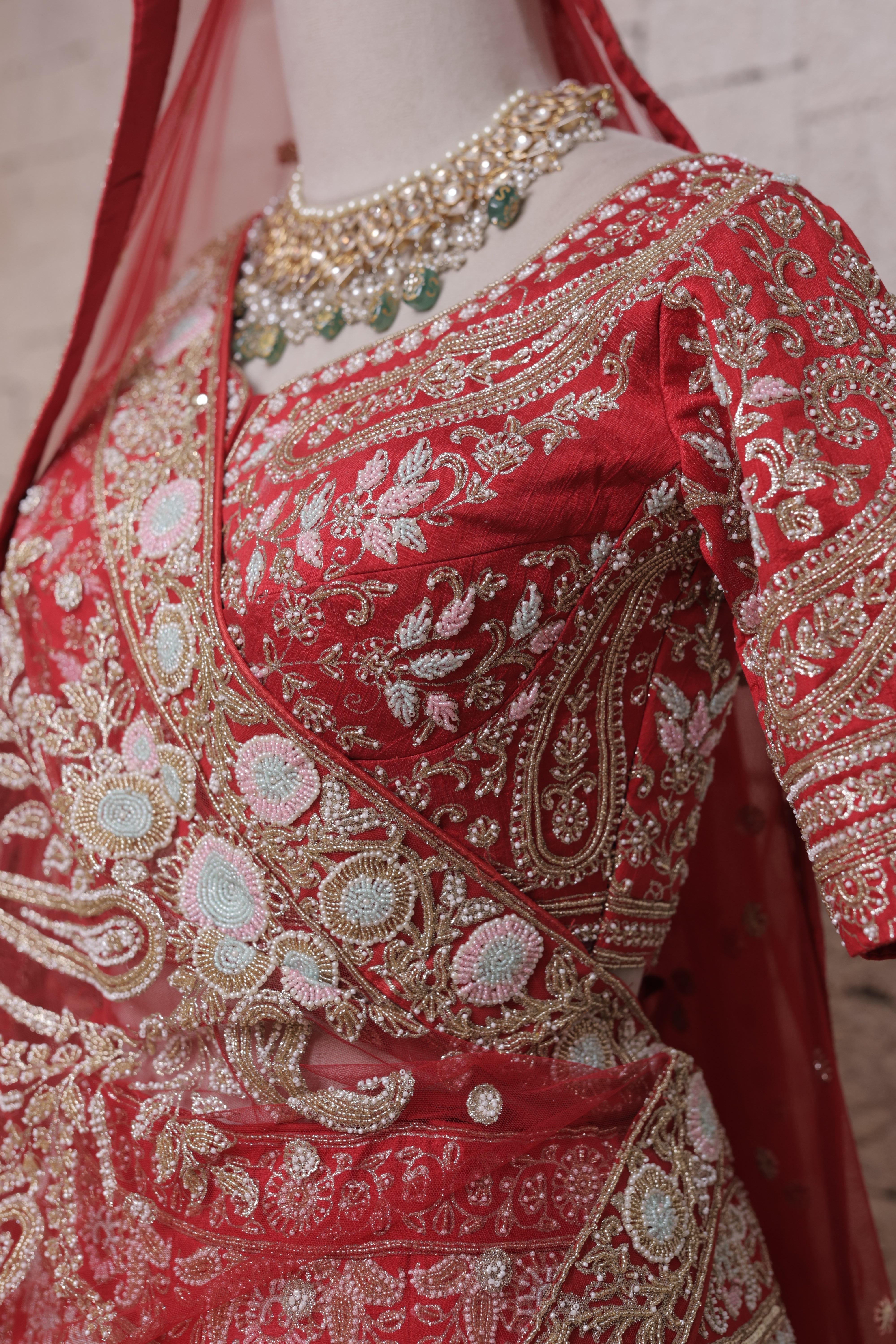 Red Bridal Lehenga with Lamp Embroidery | Zari & Sequin Work