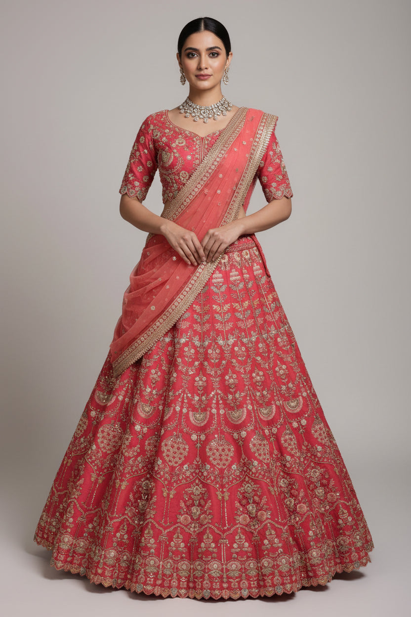 A Rani pink bridal lehenga with intricate urn and floral embroidery, featuring zari and sequin work, with a dupatta in a matching design.