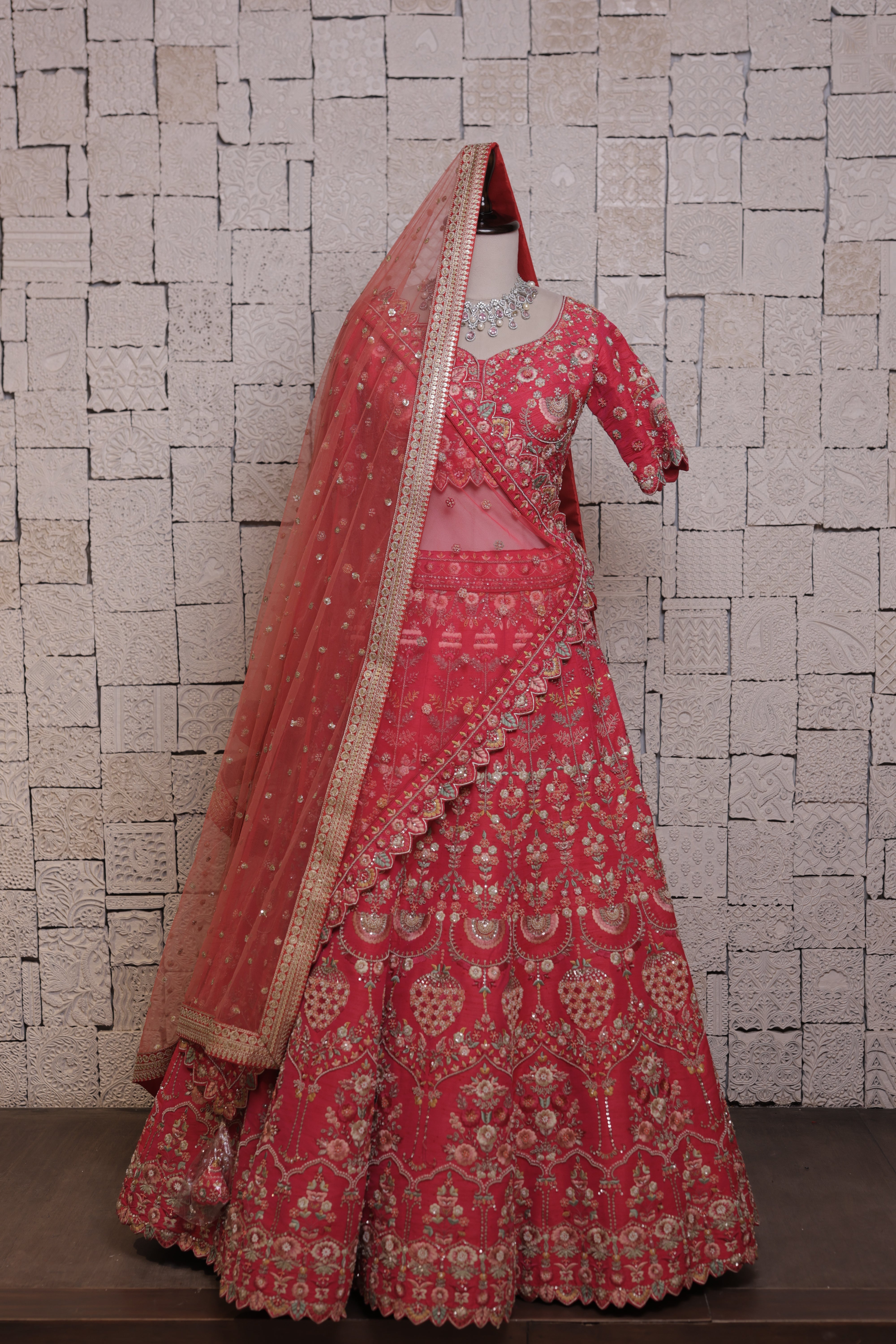 Rani Bridal Lehenga with Urn and Flower Embroidery | Zari & Sequin Work