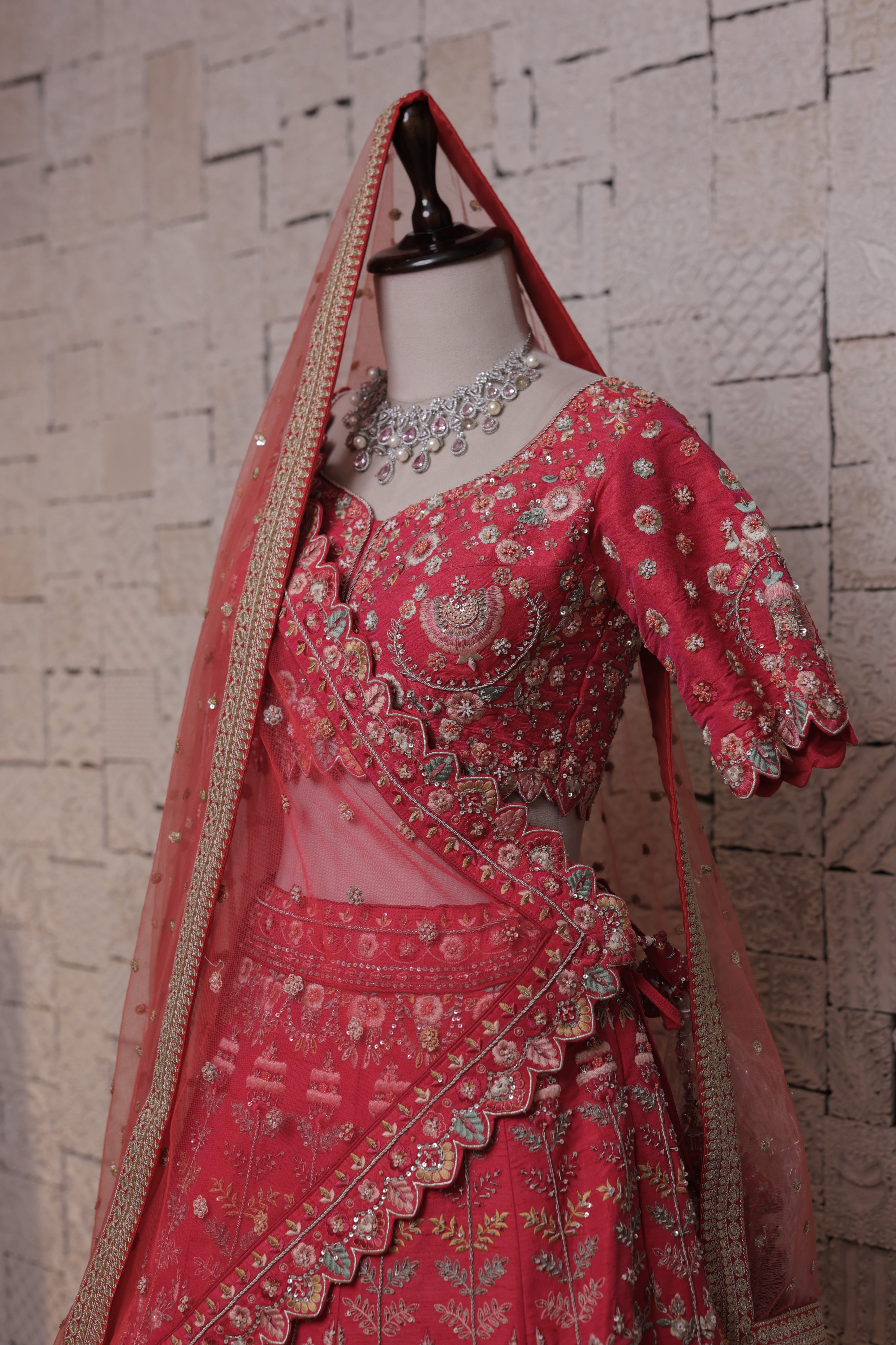 Rani Bridal Lehenga with Urn and Flower Embroidery | Zari & Sequin Work