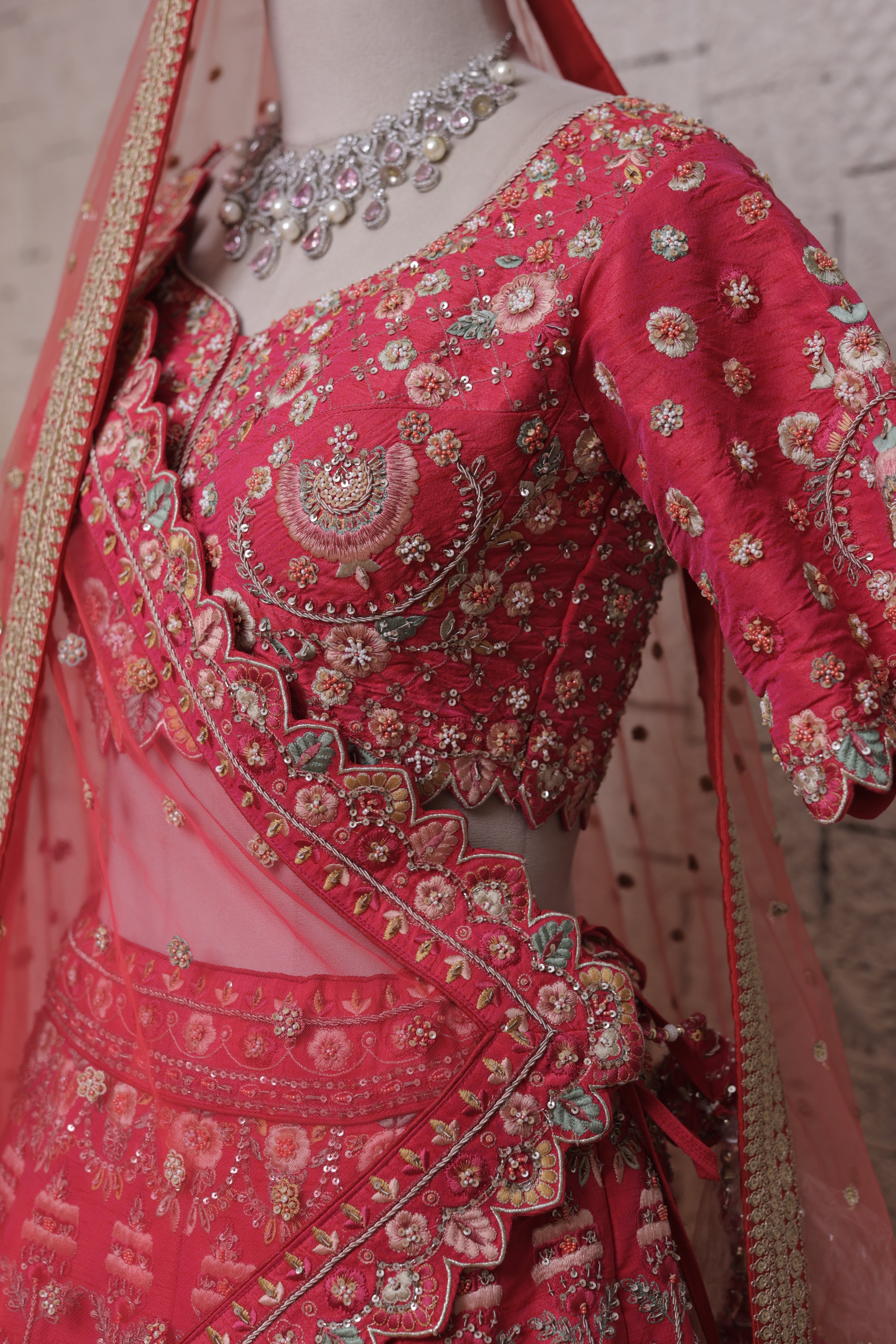 Rani Bridal Lehenga with Urn and Flower Embroidery | Zari & Sequin Work