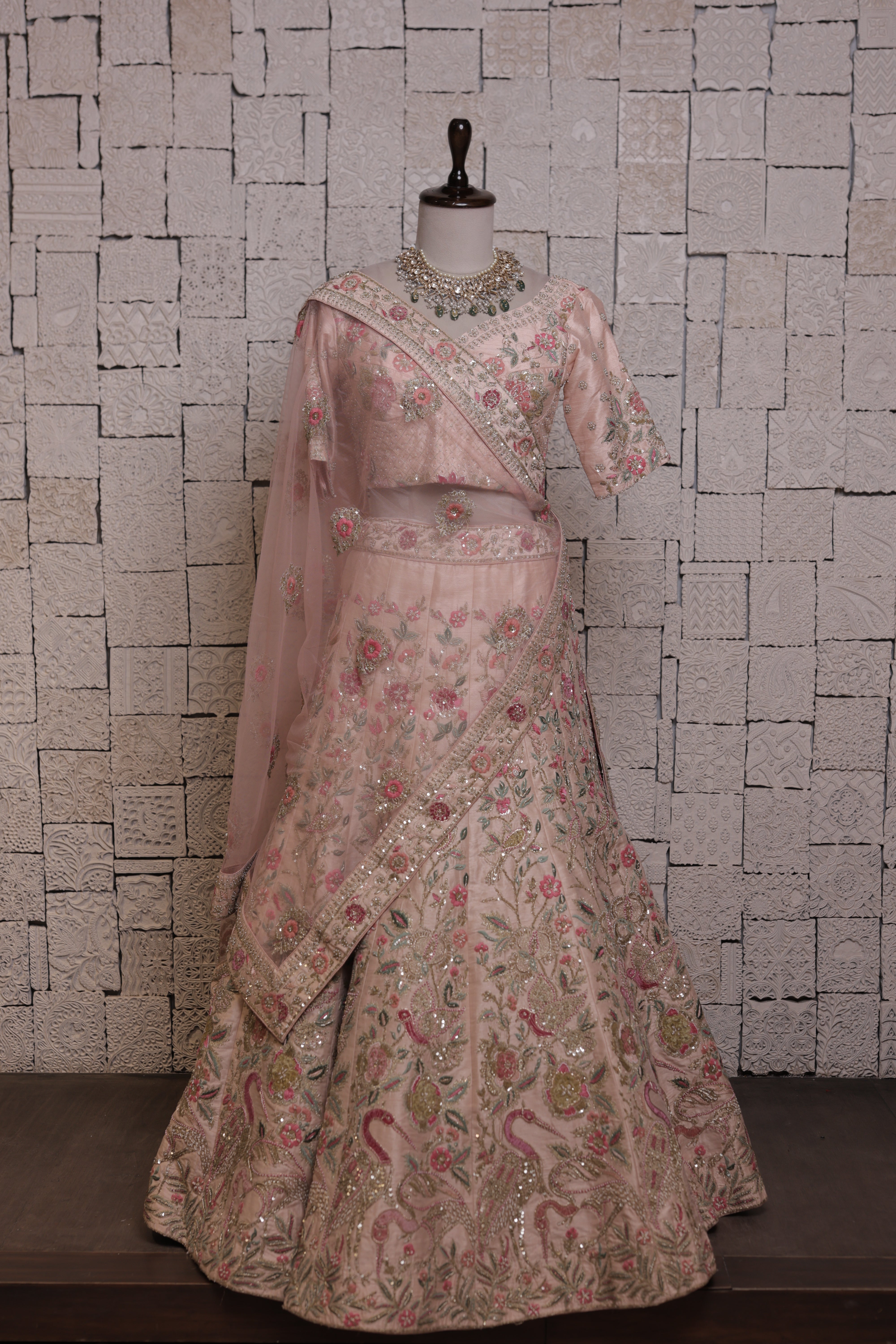 Pink Bridal Lehenga with Duck and Flower Embroidery | Zari & Sequin Work