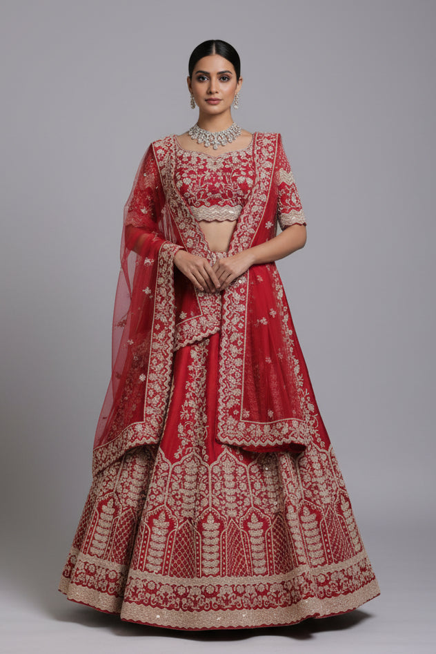 A red bridal lehenga with intricate flower pot embroidery and zari & sequin work, displayed on a mannequin against a brick wall backdrop.