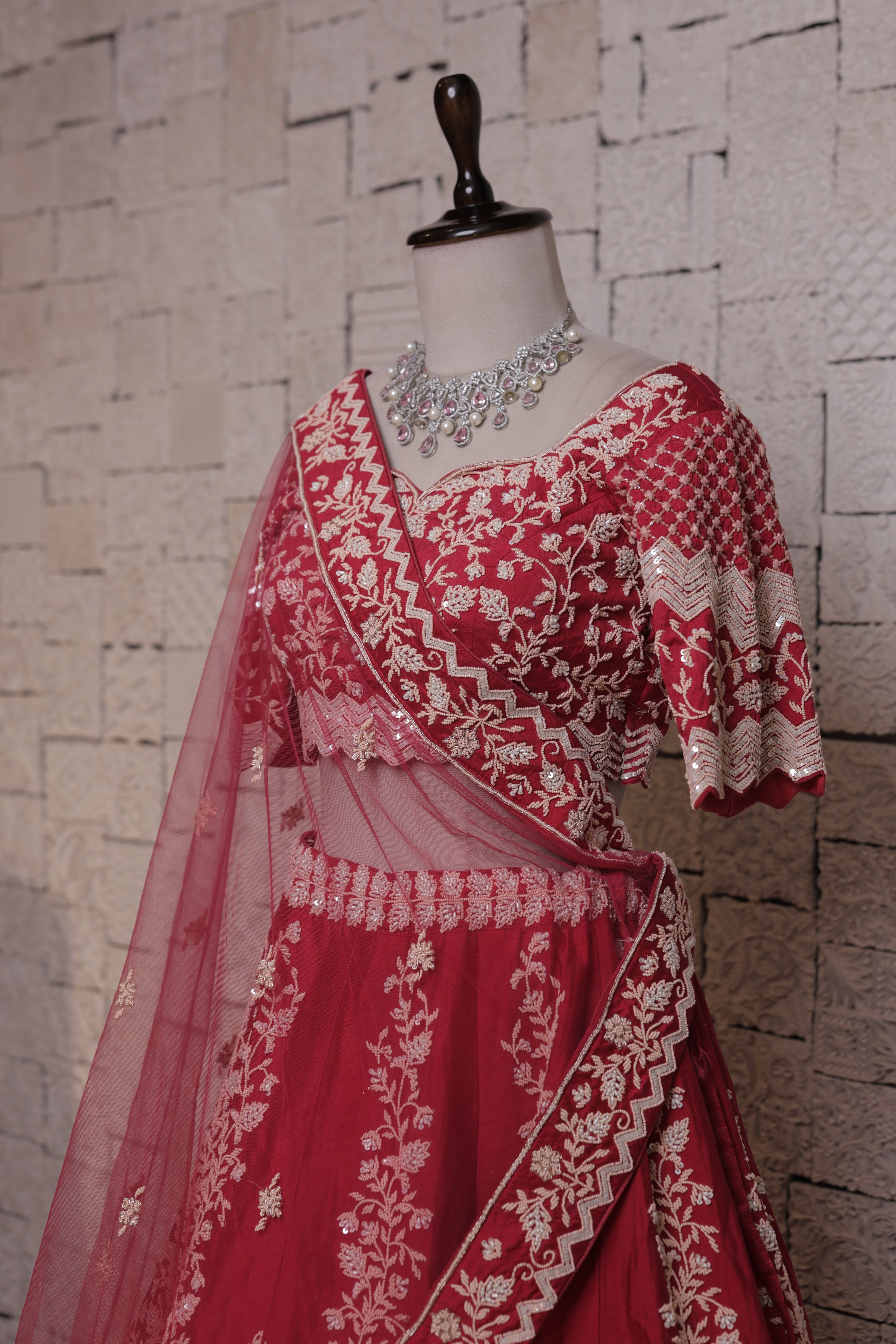 Red Bridal Lehenga with Flower Pot Embroidery | Zari & Sequin Work