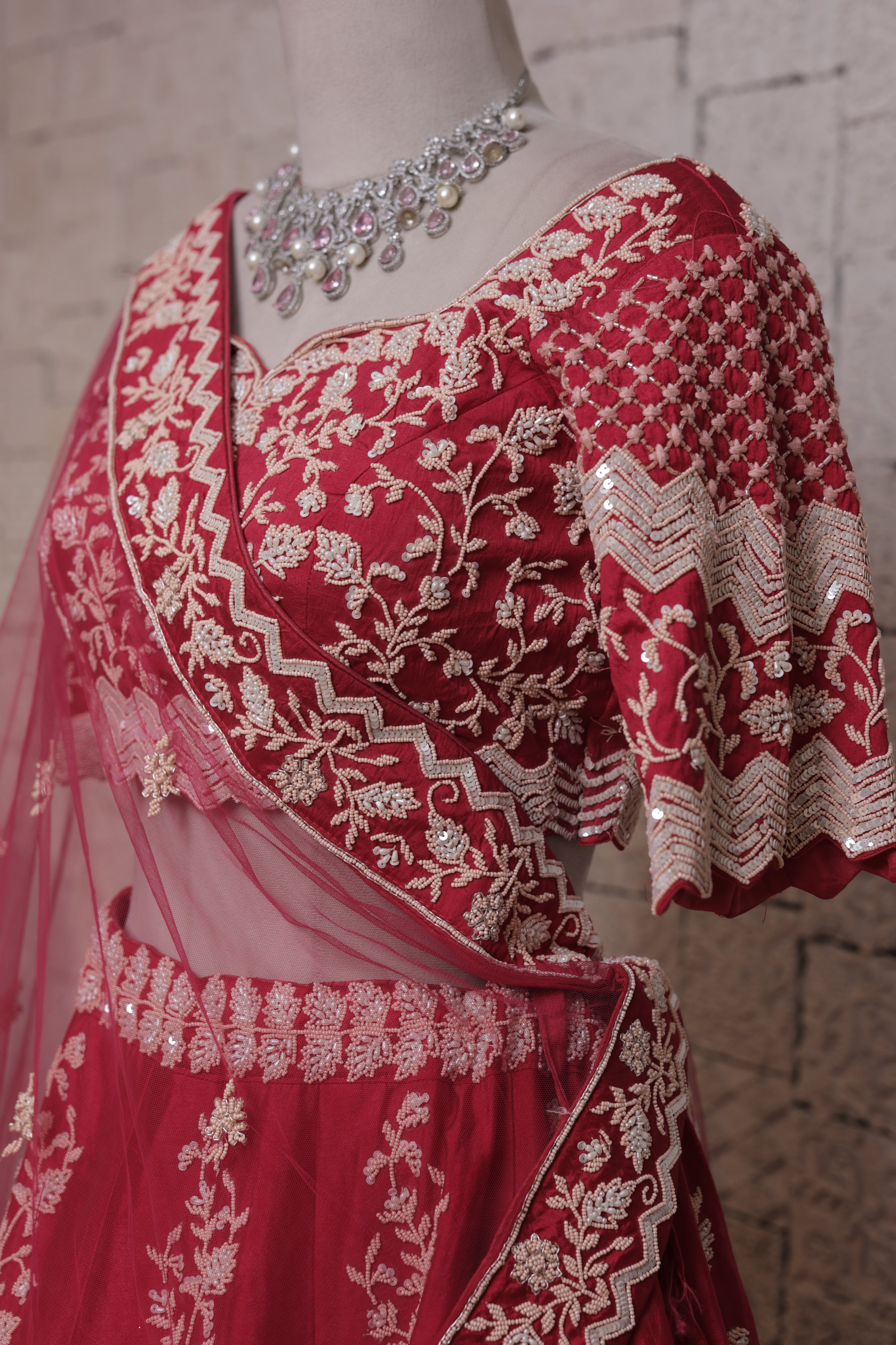 Red Bridal Lehenga with Flower Pot Embroidery | Zari & Sequin Work