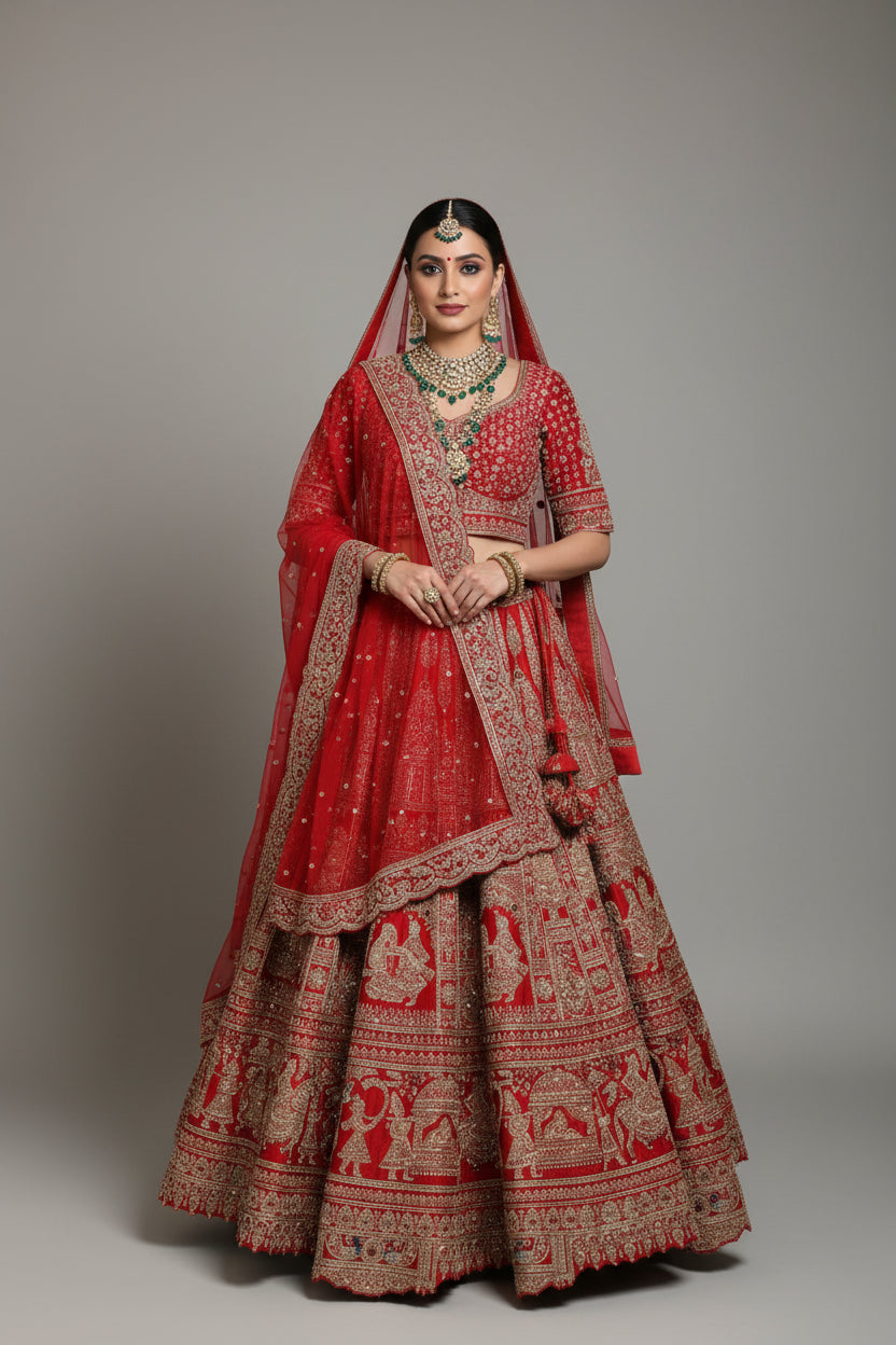 A red silk lehenga adorned with intricate embroidery, featuring a traditional design with a dupatta draped over the shoulders.